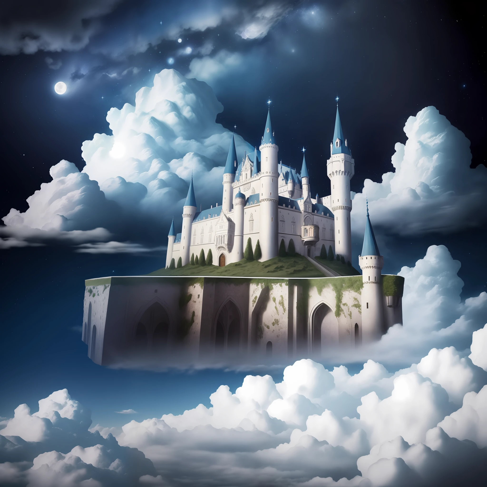 floating castle of the Pyrenees in th sky, starry sky, full moon, shooting star, space train, Magritte