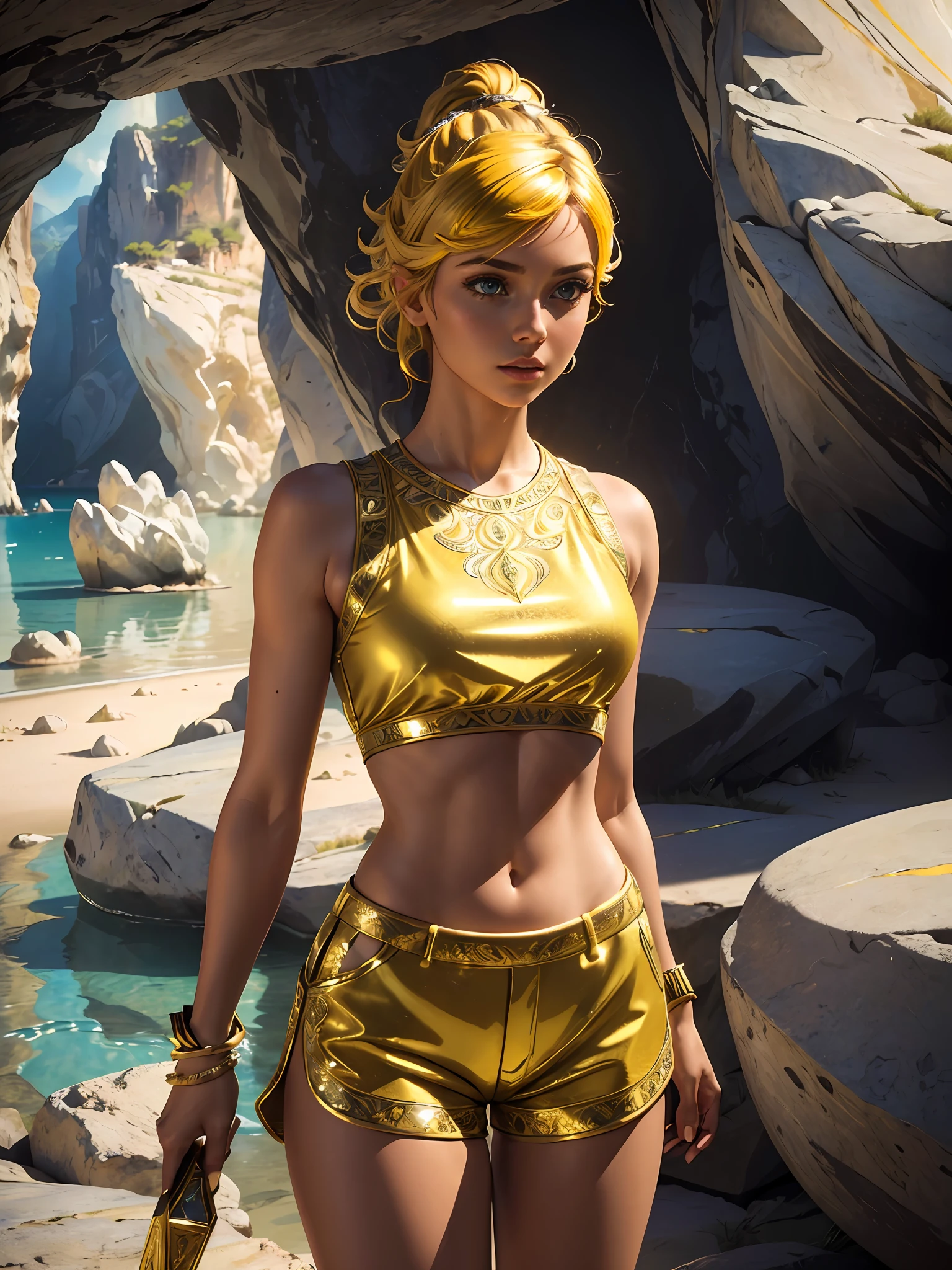 (masterpiece), (best quality), ((ultra-detailed)), (hyperrealistic), (highly detailed photo), cinematic lighting, photorealistic, extremely beautiful young lady in the marble rocks, intricate detailed crop top and shorts, shining, gloss, crisp, flirty, epic, focus, artistic, very bright, yellow, intricate hairstyle