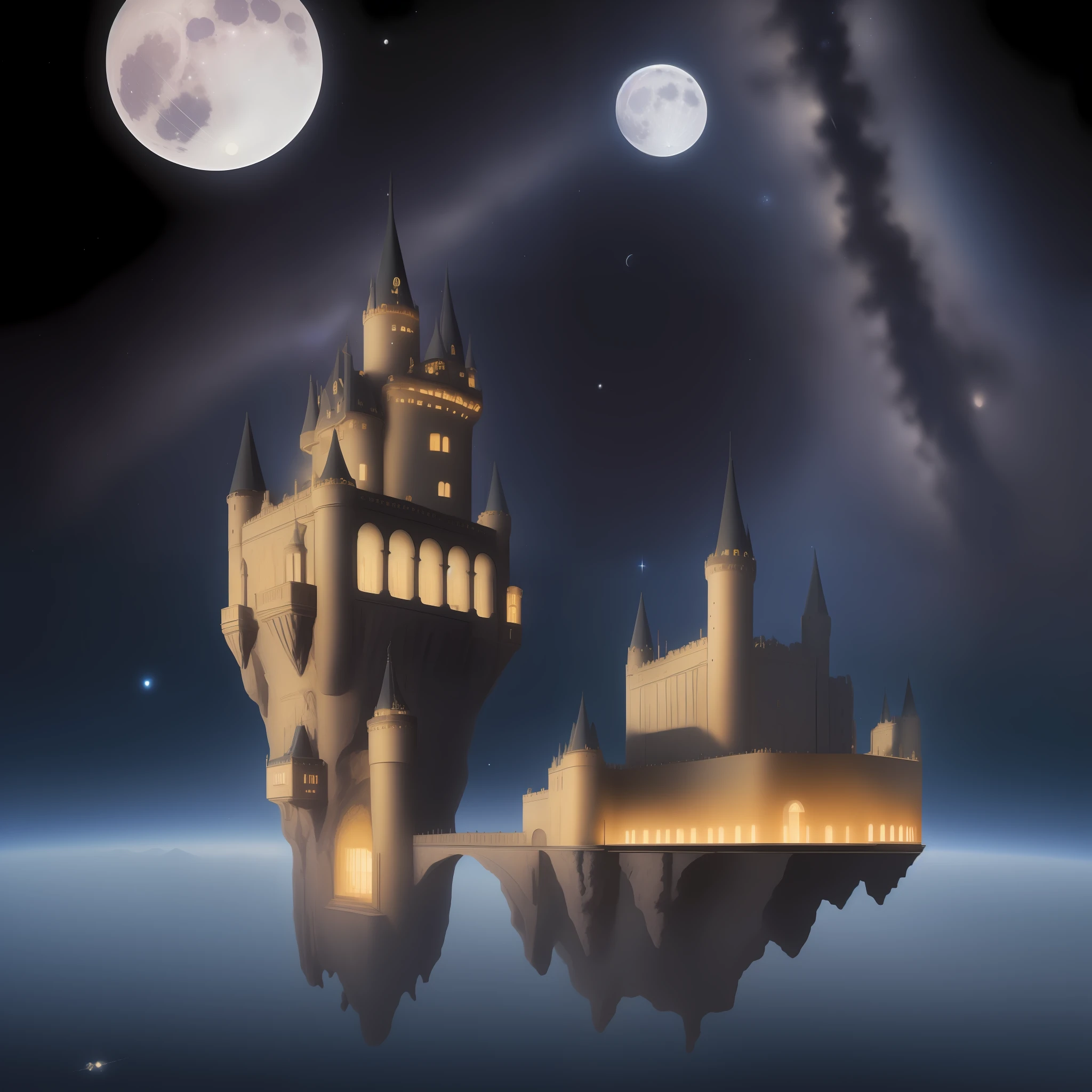 floating castle of the Pyrenees in th sky, starry sky, full moon, shooting star, space train, Magritte