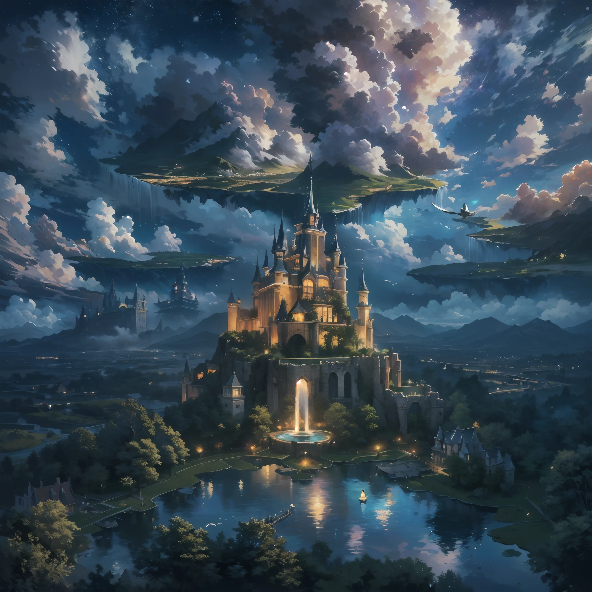 (an artist's design of a floating Castle on the floating the land and Forest and Fountain in the air, above the A few clouds and thunderstorms)1.4, bird's-eye view, scenery, night view, Starry night, no humans, a fantastic magical world,  (Best quality), (masterpiece:1.3), (photorealistic:1.36), (realistic), ultra-detailed,, detail background,