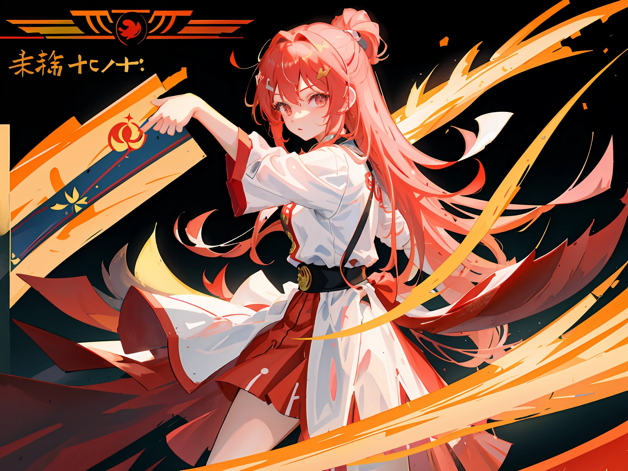 highr，1girll，Flag of China，Red long-haired，red color eyes，Red martial arts outfit，martial art pose，Sword soil，HighestQuali，Chinese girl design，Genshin detailed art，Anime character design，anime concept art，pretty anime character design，anime character reference sheet，[character  design]，