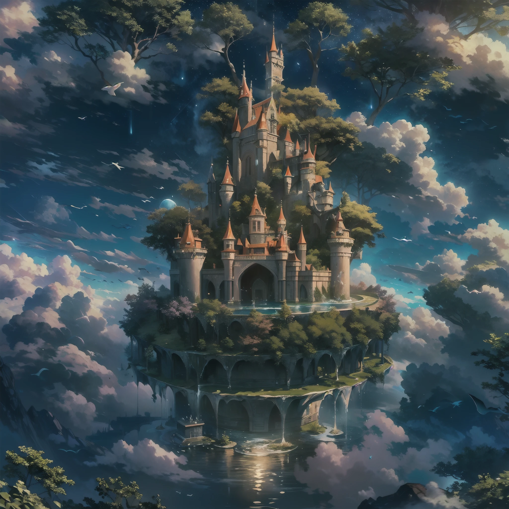 (an artist's design of a floating Castle on the floating the land and Forest and Fountain in the air, above the A few clouds and thunderstorms)1.4, bird's-eye view, scenery, night view, Starry night, no humans, a fantastic magical world, (Best quality), (masterpiece:1.3), (photorealistic:1.36), (realistic), ultra-detailed,, detail background,
