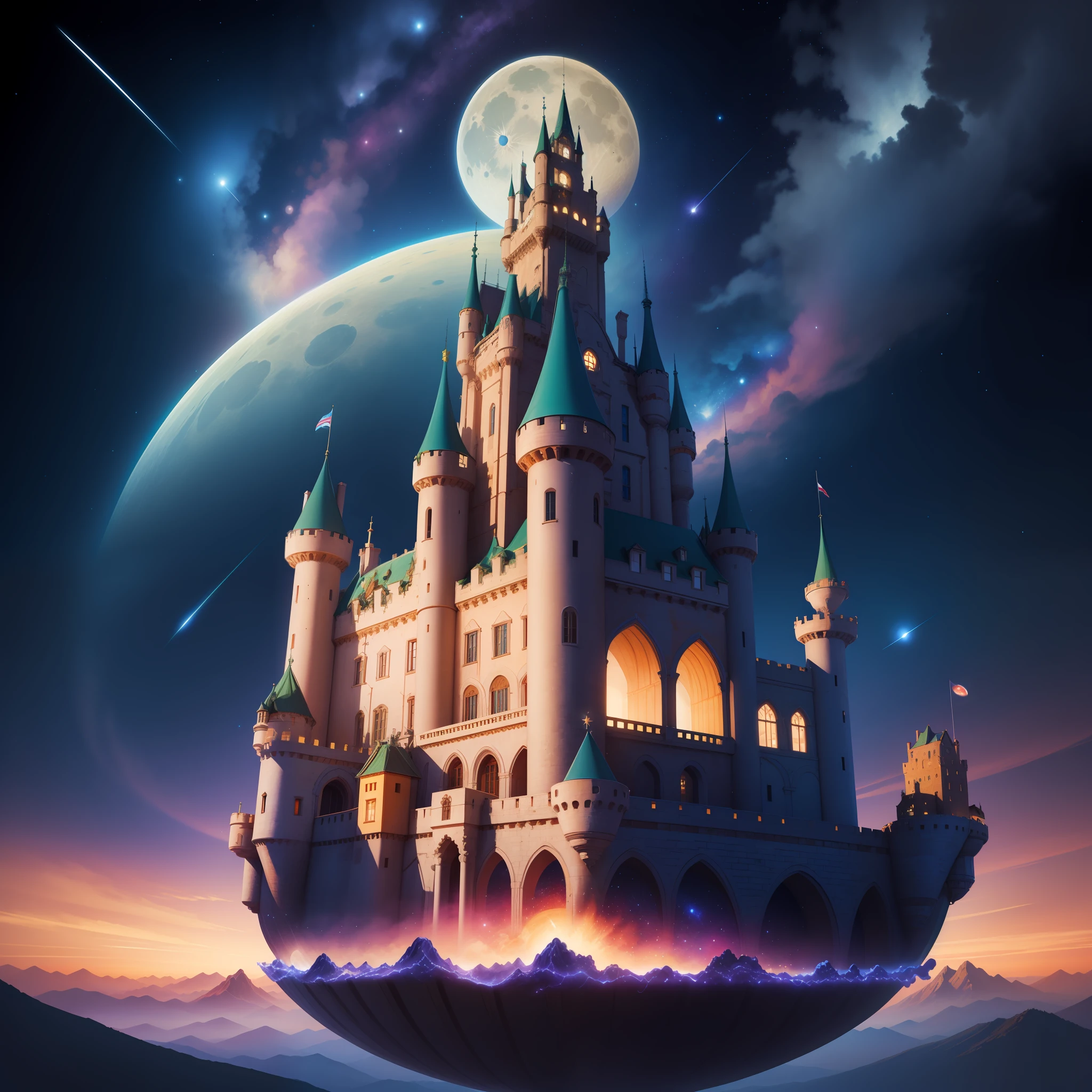 floating castle of the Pyrenees in th sky, starry sky, full moon, shooting star, space train, Magritte