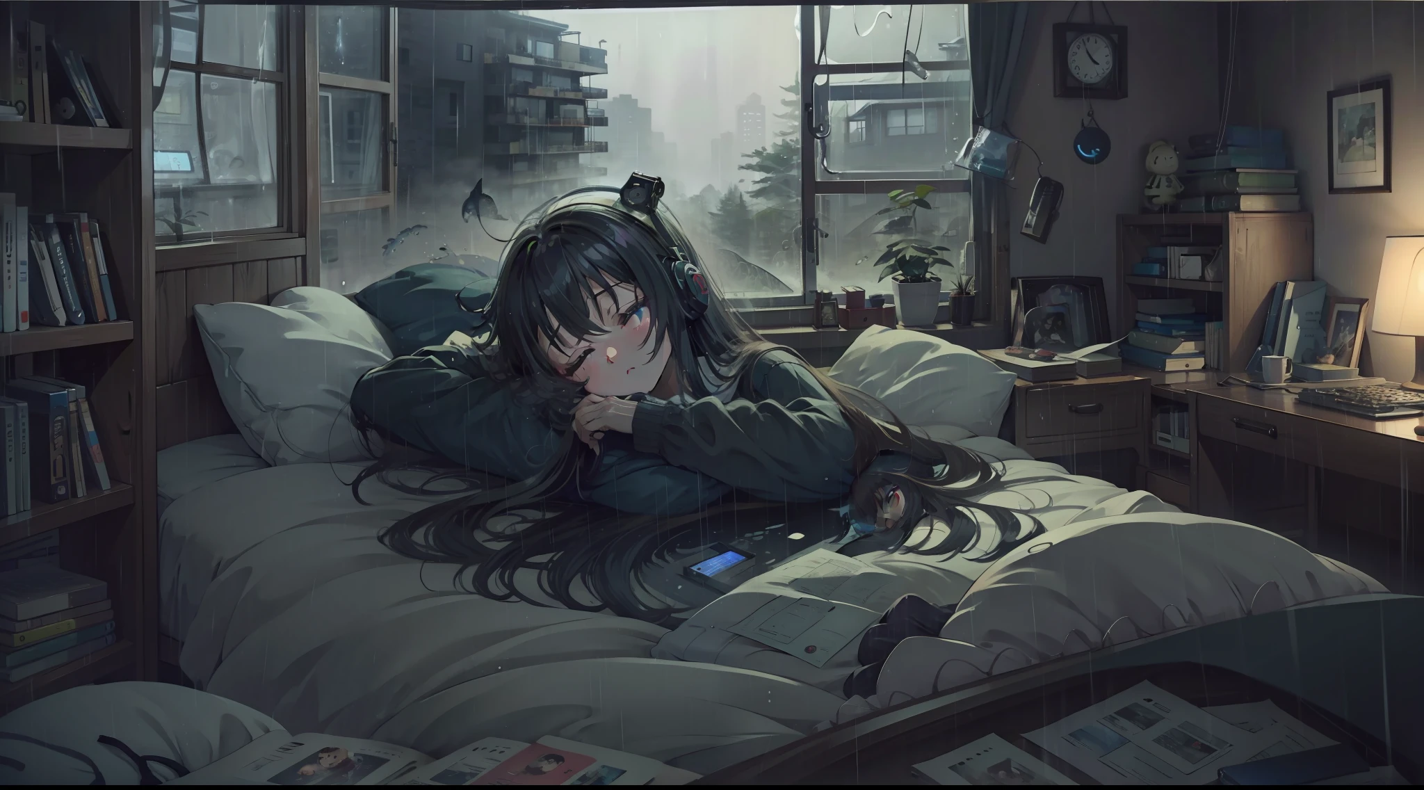 bedroom, sleep, window, Night, a computer, head phone, chuunibyou, 1girl in, fisheyes, Very long hair,rainy day