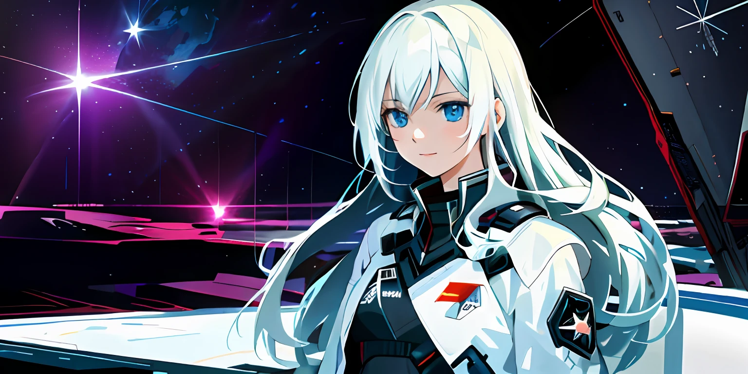 Girl standing on a space command ship，A slight smil，Space in the distance is still fighting，A nearby exploding star gradually collapsed into a black hole。Maiden Governor，White-haired girl，long whitr hair，portrait of teenage girl，Wearing a scientist white coat，Starship battlefield，Anime wallpaper 4K，anime wallpaper 8 K，Starskrim，realistic space，Simple，sci-fy，photorealestic