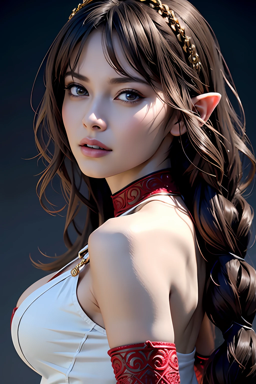 Ultra-detailed complex 3D rendering of face, (Colossal: 8.8), (masterpiece, top quality, octane rendering, 8K), glamour shot full body image, very beautiful young elf, cleavage, (very detailed skin: 1.2), (exposure: 1.1), brown-haired, ((wearing a plummeted open shirt of white silk: 1.10)), beautiful Caucasian woman with black skin with full soft breasts with big buttocks, Single, long braided hair, big breasts, dynamic angle, mystical expression, ultra-realistic photo, (((portrait)))), bare feet, futuristic urban background, facial muscles, detailed and beautiful queen gold crown, in the style of Marvel Comics, ArtStation trends, clear focus, studio photography, intricate details, very detailed, detailed red eyes, very detailed, Sharp Focus, Digital Rendering, Professional, Abs, Dark Grey Background,