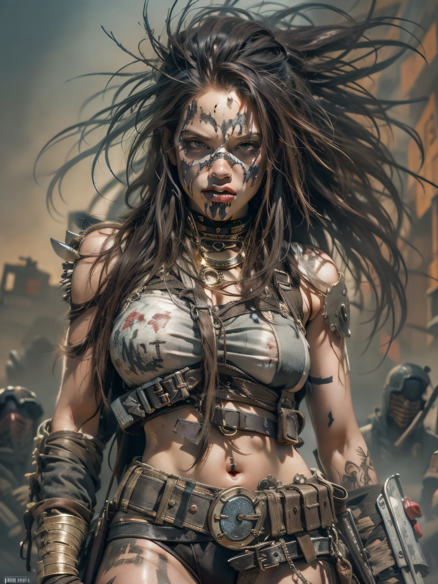 A post-apocalyptic warrior, uma mulher de 35 anos quase nua no estilo Simon Bisley para a capa da revista Heavy Metal, cabelo metade preto metade branco, Minimum clothing, roupas curtas,