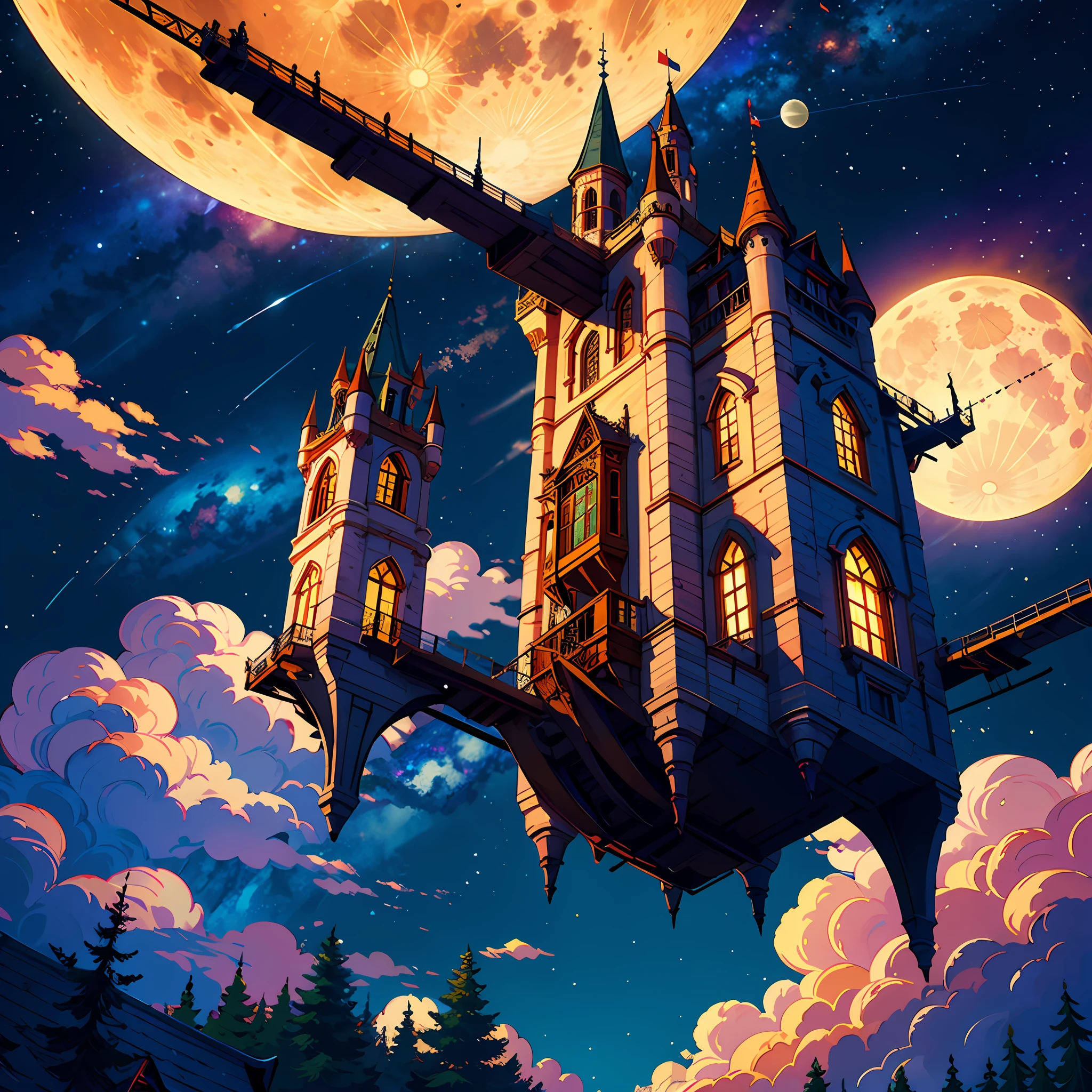 flying the castle, like a space-station, in the sky, full moon, starry sky, shooting star, best quality, ultra-detailed, photorealistic