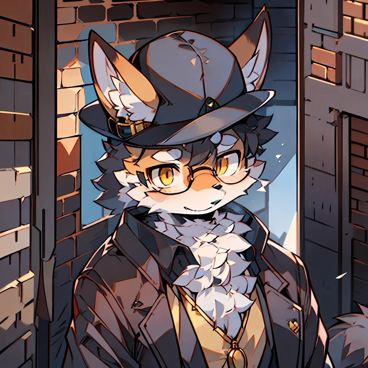 solo person,shaggy male,furry,red fox,arctic fox,canid,Gray-black fur,gold eyes,Wearing glasses,Wear a detective coat,With a hat on,In the alley。
