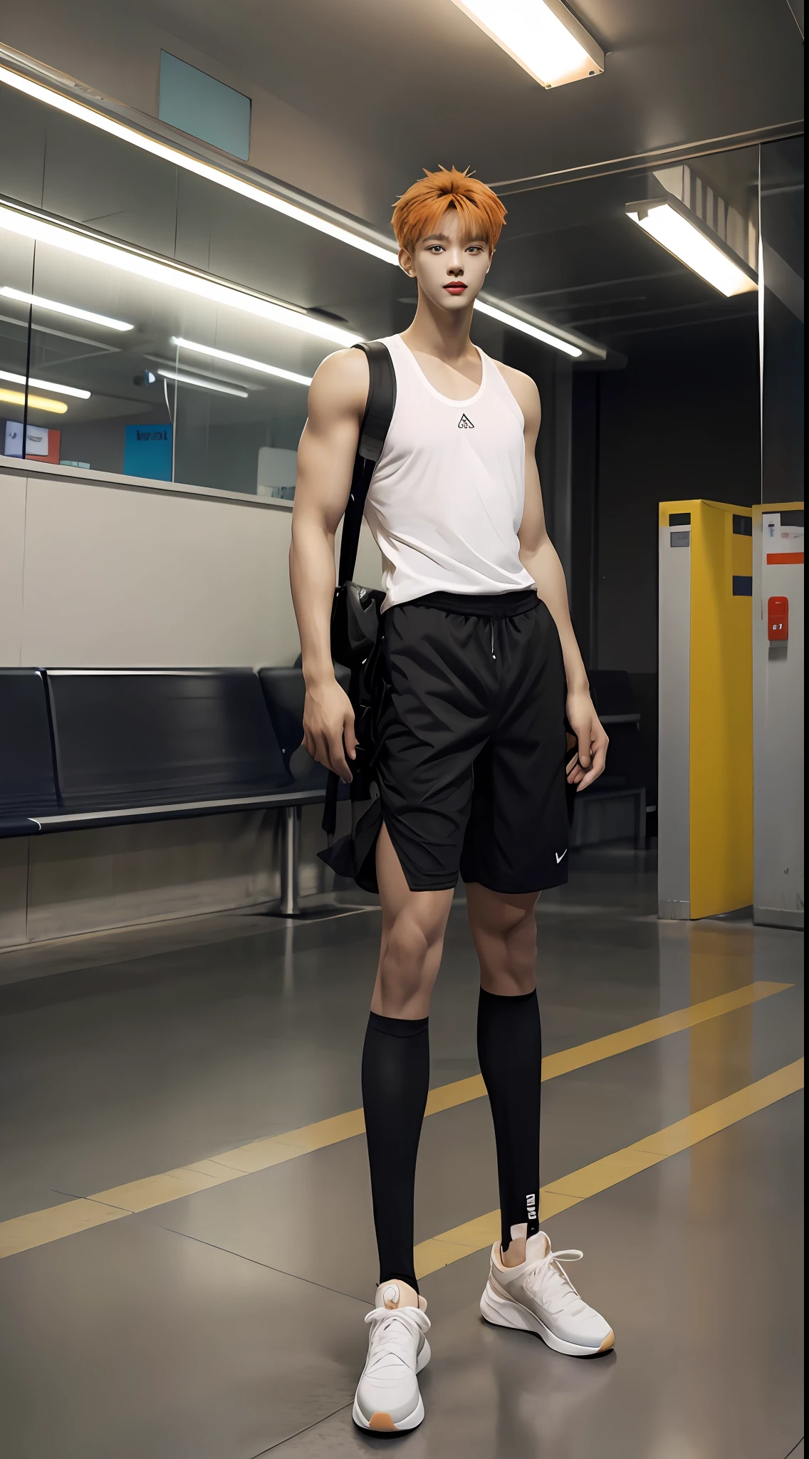 （A lovely Shota：2），（Colored screen：1.2），Solo，（full bodyesbian：3），（Stay away from the lens：3），Expose your legs，（revealing the whole body：2），（Frontal heads-up view：1.2），malefocus，looking at viewert，16 yaers old，（Tall：3），（Tall guy：2），Super tall，（Height 300 cm：2），Excellent body proportions，（1.The shoulders are 5 times wider：1.2），（Slender slender legs：2.5），Slender feet，small heads，musculous，（Lovely and pretty：2），（The face of an anime man），（Very detailed beautiful face and eyes：2），（Big bright eyes：1.2），Sharp eyeliner，Clear and beautiful face，short detailed hair，（Correct facial features），（tilts your head：1.5），（having fun，grinning smile），(Orange men's short sleeves：2)，Short panties，（Muscle firming：2），Strong，（Wide shoulders and narrow waist：2.2），Cool high-top basketball shoes，Huge muscles，Detailed muscle texture，Highlights muscle structure，In the subway car，（Sit upright：4），holding teddy bear，（full length shoot），ultra-realistic realism, (Photorealistic detail), Incredible accuracy, lifelike textures, masterful technique, Jaw-dropping precision, artistic dedication，（anatomy correct），Good lighting，exquisite detailing，Best quality，stunning masterpiece，CG
