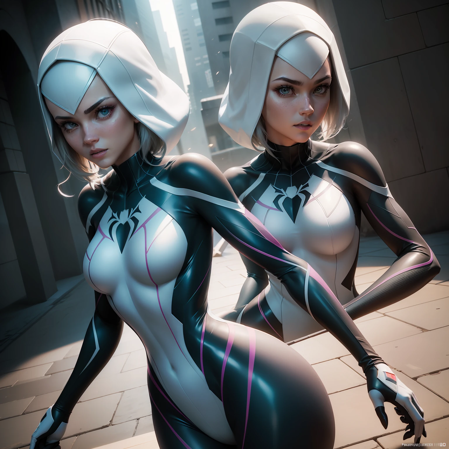 Spider-Gwen ((Melhor qualidade)), ((obra-prima)), (detalhado: 1.4), 3D, uma imagem de uma linda mulher cyberpunk,HDR (High Dynamic Range),Ray Tracing,NVIDIA RTX,Super-Resolution,Unreal 5,Subsurface dispersão, Textura PBR, Post-processing, anisotropic filtering, Profundidade de campo, Maximum clarity and sharpness, Texturas multicamadas, Albedo e mapas especulares, surface shading, Accurate simulation of light-material interaction, perfectly proportions, Octane Render, Two-tone lighting,Abertura ampla,ISO baixo,White balance,thirds rule,8K RAW,