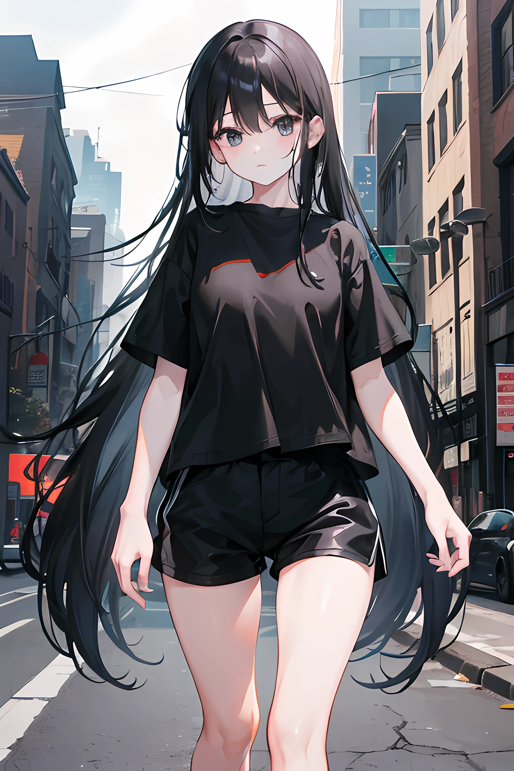 1girl, long black hair, black eyes, wearing black shirt, black shorts, city, absurdres, high res, ultrasharp, 8K, masterpiece, looking at viewer