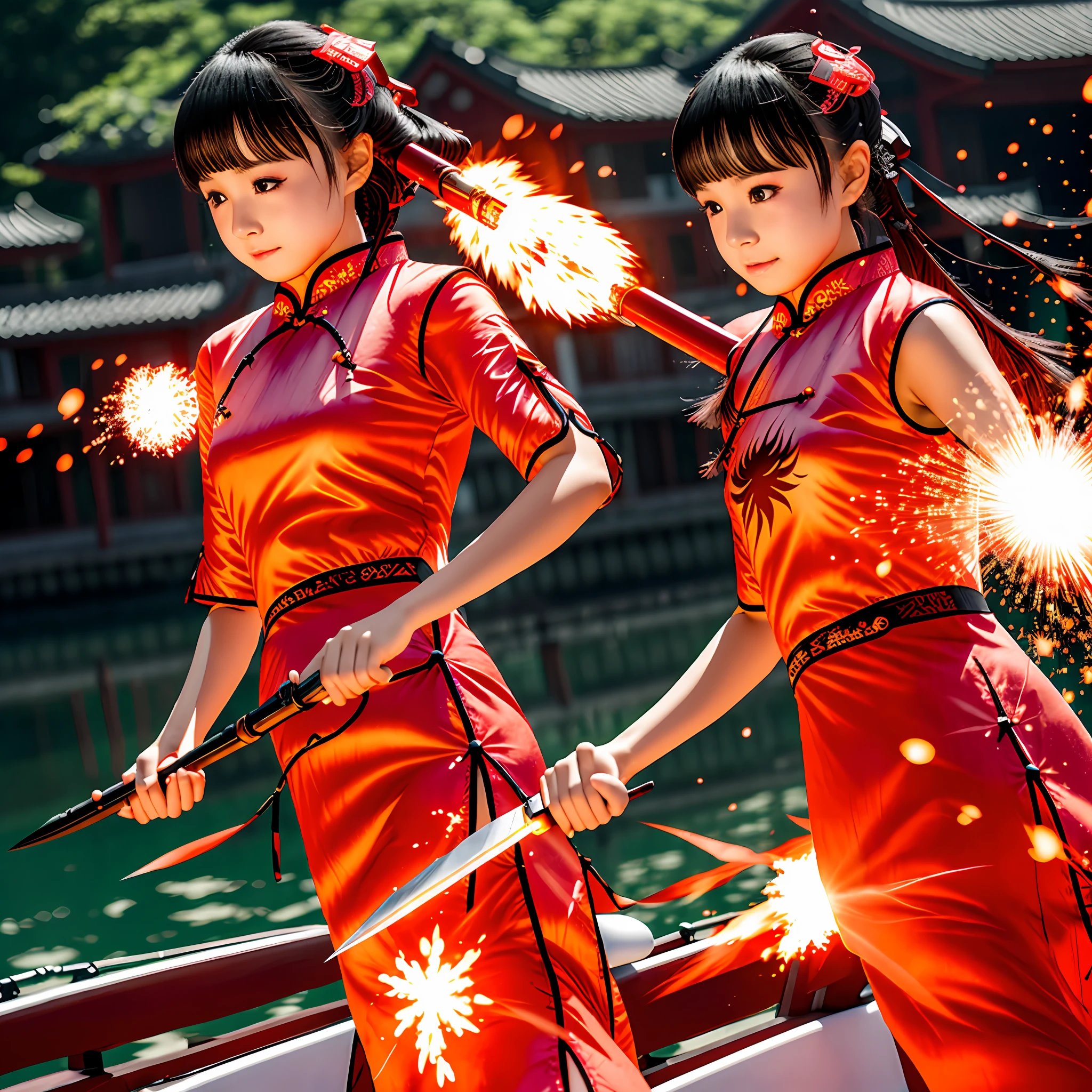 teens girl，on cheongsam，Flame Light Particle Effect Knife，natta，Boatside