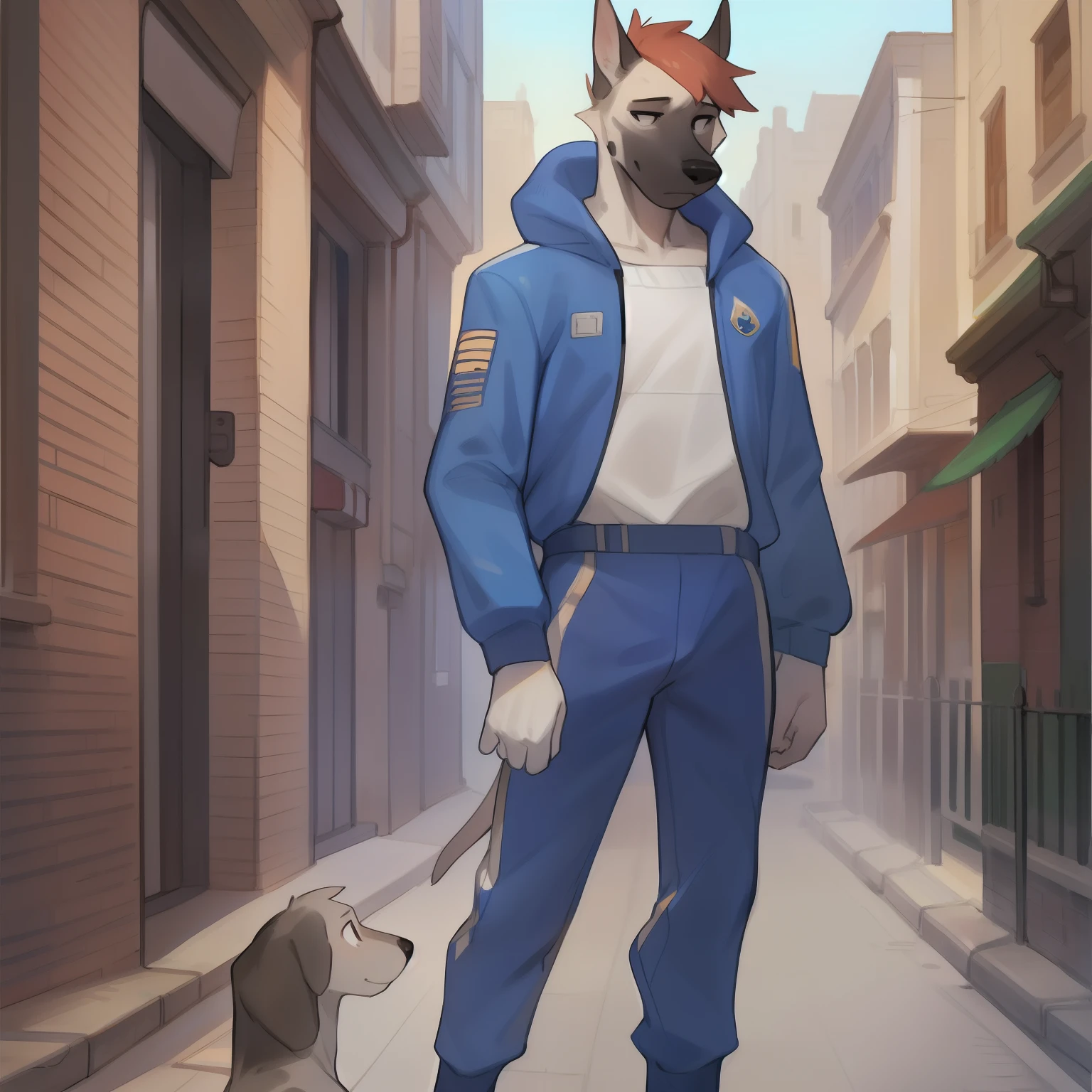 Solo, male, standing, short, weak, pathetic, slim, skinny, by bebebebebe, by schmutzo, ((snout, hair)), street, blue military spacesuit, canine, great dane
