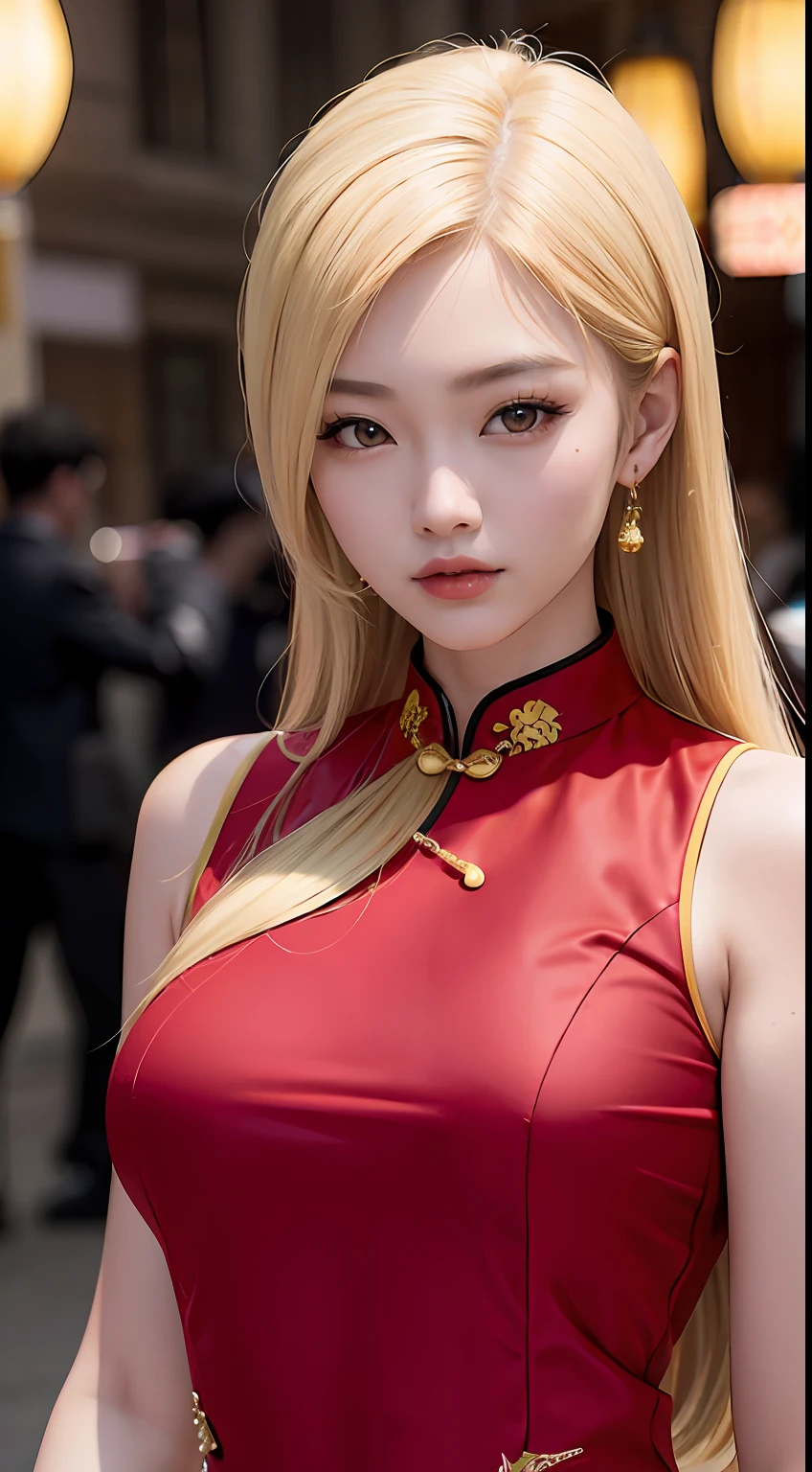 Asian woman, A fashion model, Wear a colorful cheongsam, Glamour, paparazzi taking pictures of her, Blonde hair, Brown eyes, 8K, High quality, Masterpiece, Best quality, HD, Extremely detailed, voluminetric lighting, Photorealistic