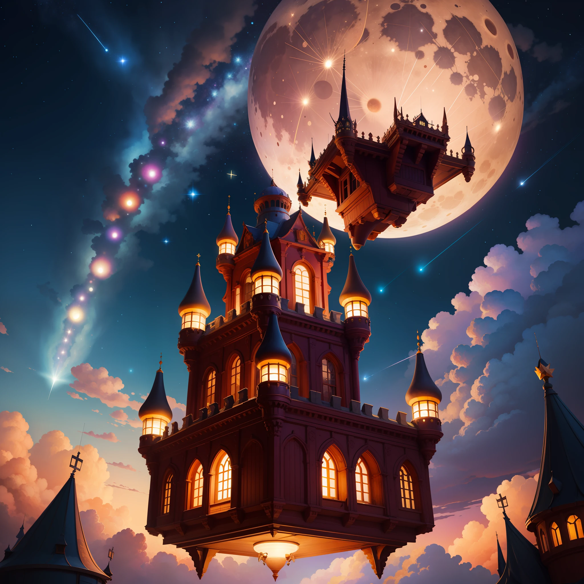 flying castle, in the sky, full moon, starry sky, shooting star, best quality, ultra-detailed, (photorealistic), an extremely delicate and beautiful,
