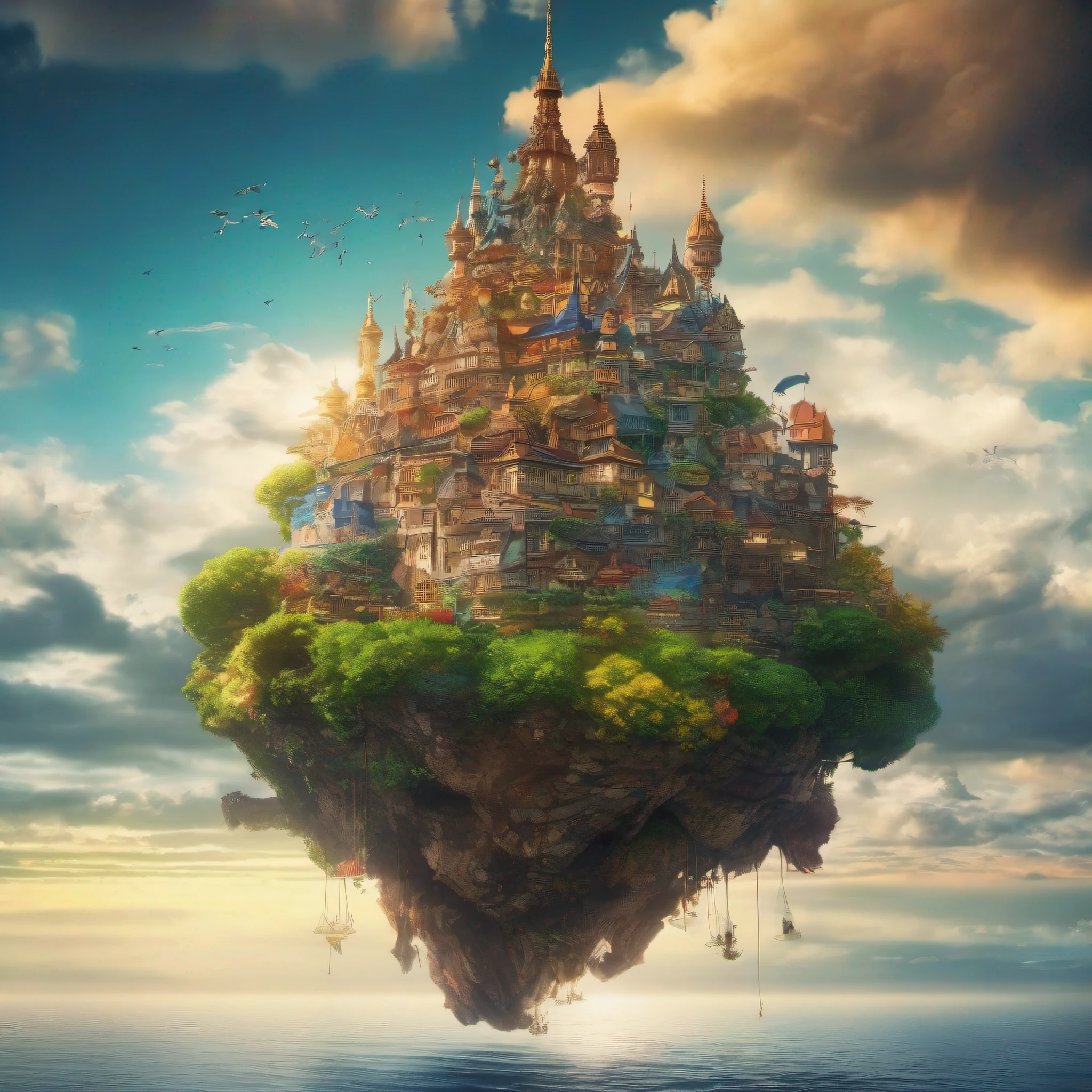 An island floating in the air,There's a whole city on it, dangling,with a realistic touch.,rays of sunshine,Panorama Figures,ealistic,3D,No Man,Cinematic lighting,masterpiece,ultra-clear,extreme hight detai whimsical atmosphere, vibrant colors, intricate details, Nikon Z7 II camera, Adobe Photoshop software, Hayao Miyazaki, Studio Ghibli, Christopher Nolan, Alexander McQueen, Guo Pei