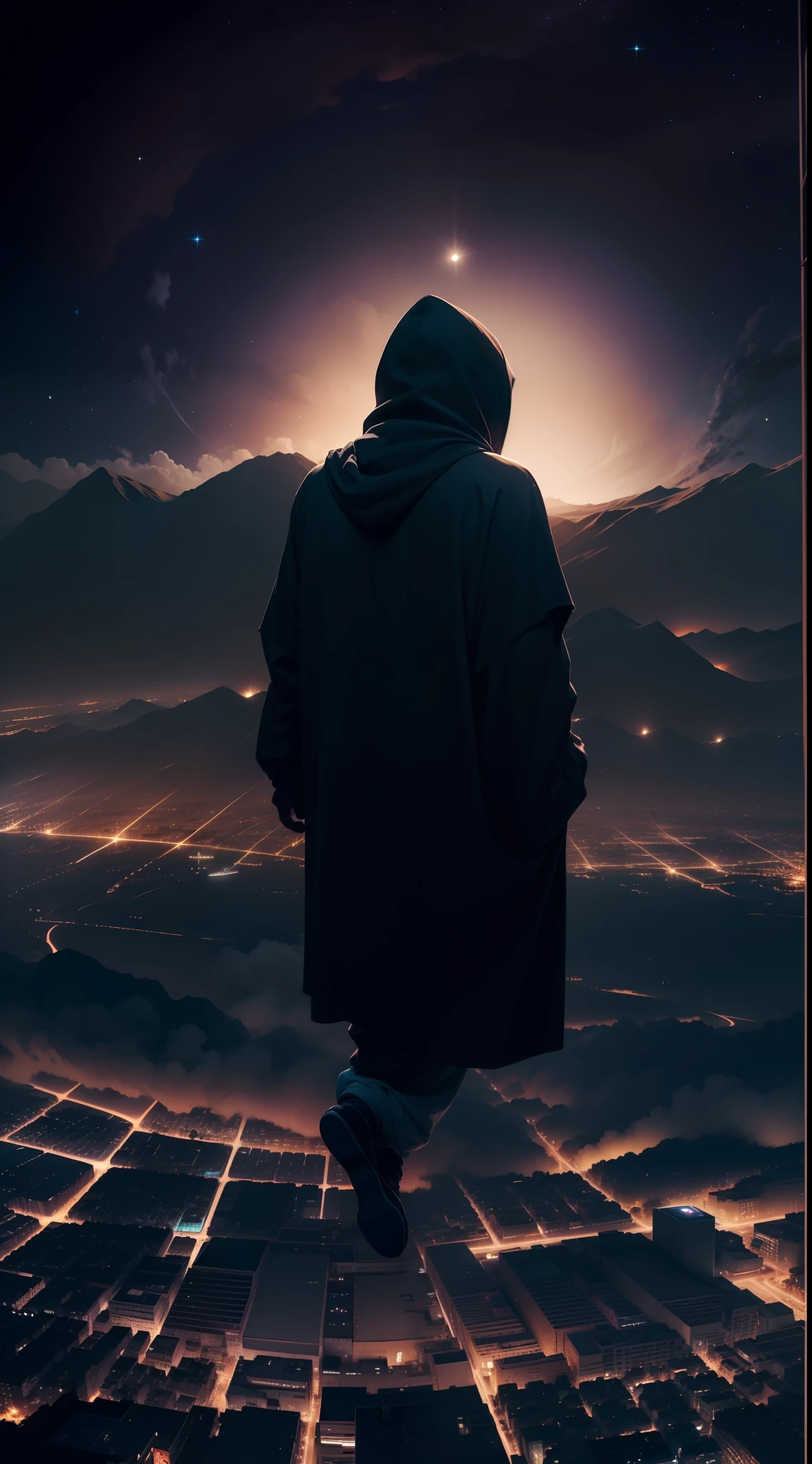silhueta preto, a man on his back in a hooded robe flying over the city at night, noite