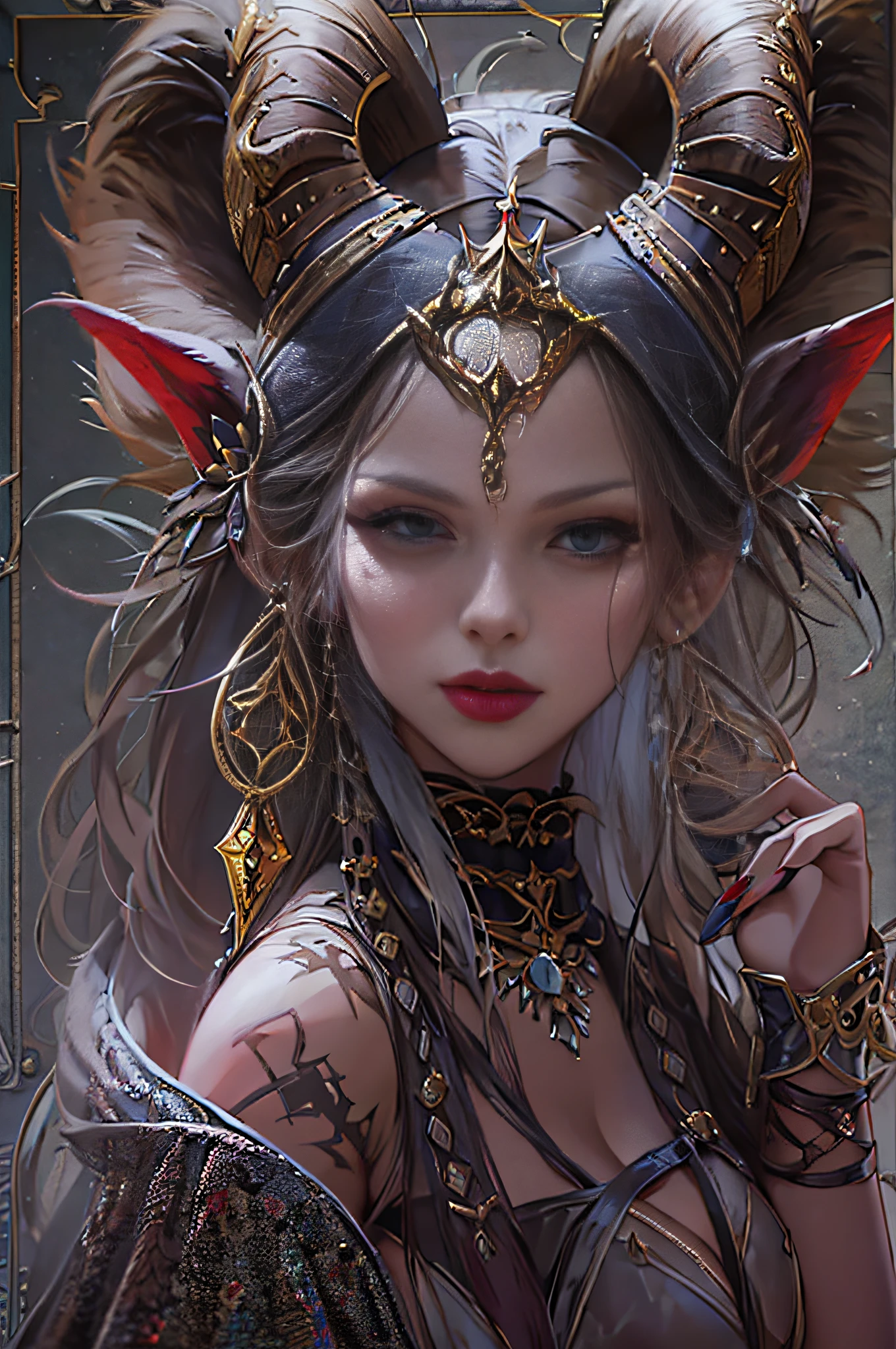 Full body like,fully body pose,Complicated details,(Latex skin:1.1)Big breasts and big breasts(Perfect shiny skin:1.2)Big breasts and big breasts(Moist skin:1.1),(very vey very detailed face),(tmasterpiece,realisticlying:1.3),(extremly intricate:1. 2)>,intricately details,(Sculptural skin texture:1.1)Big breasts and big breasts(shiny skins:1.2)Big breasts and big breasts(Slightly damp skin:1.1),A woman with a staff, horned ram goddess, gothic maiden shaman, shaman witch, she is dressed in shaman clothes, holding a goat head staff, a young female shaman, attractive tiefling druid, pagan goddess, a female druid, druid goddess, female revenant, alluring tiefling druid, The skull of her hips,The whole scene exudes a mysterious and eerie atmosphere。
