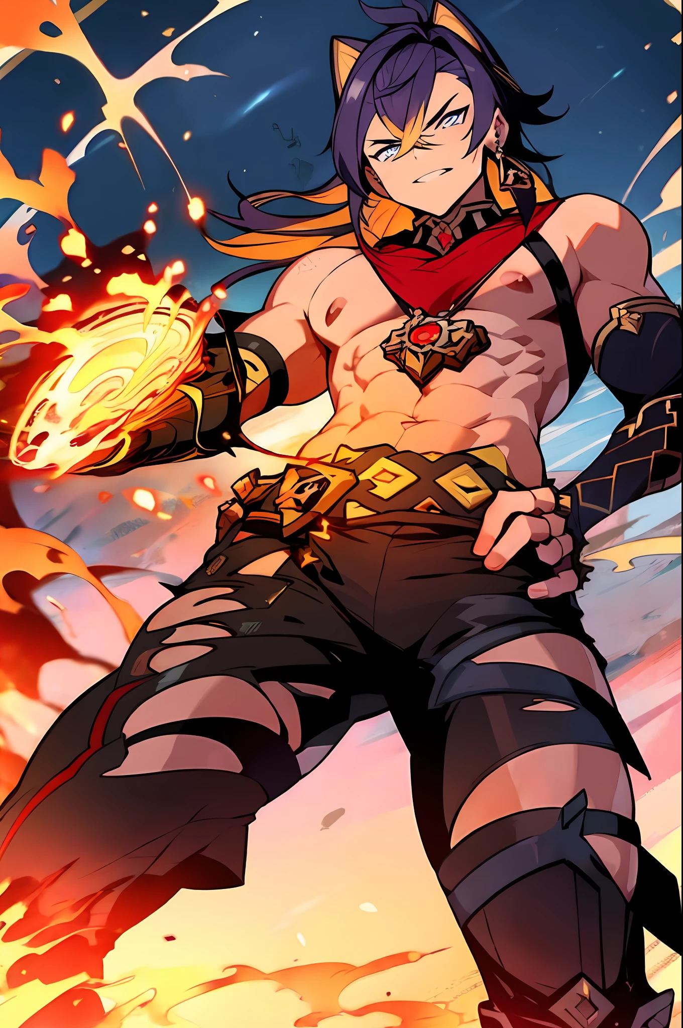 Dehya's male version of Genshin Impact , with hands on fire. usando seus poderes de fogo