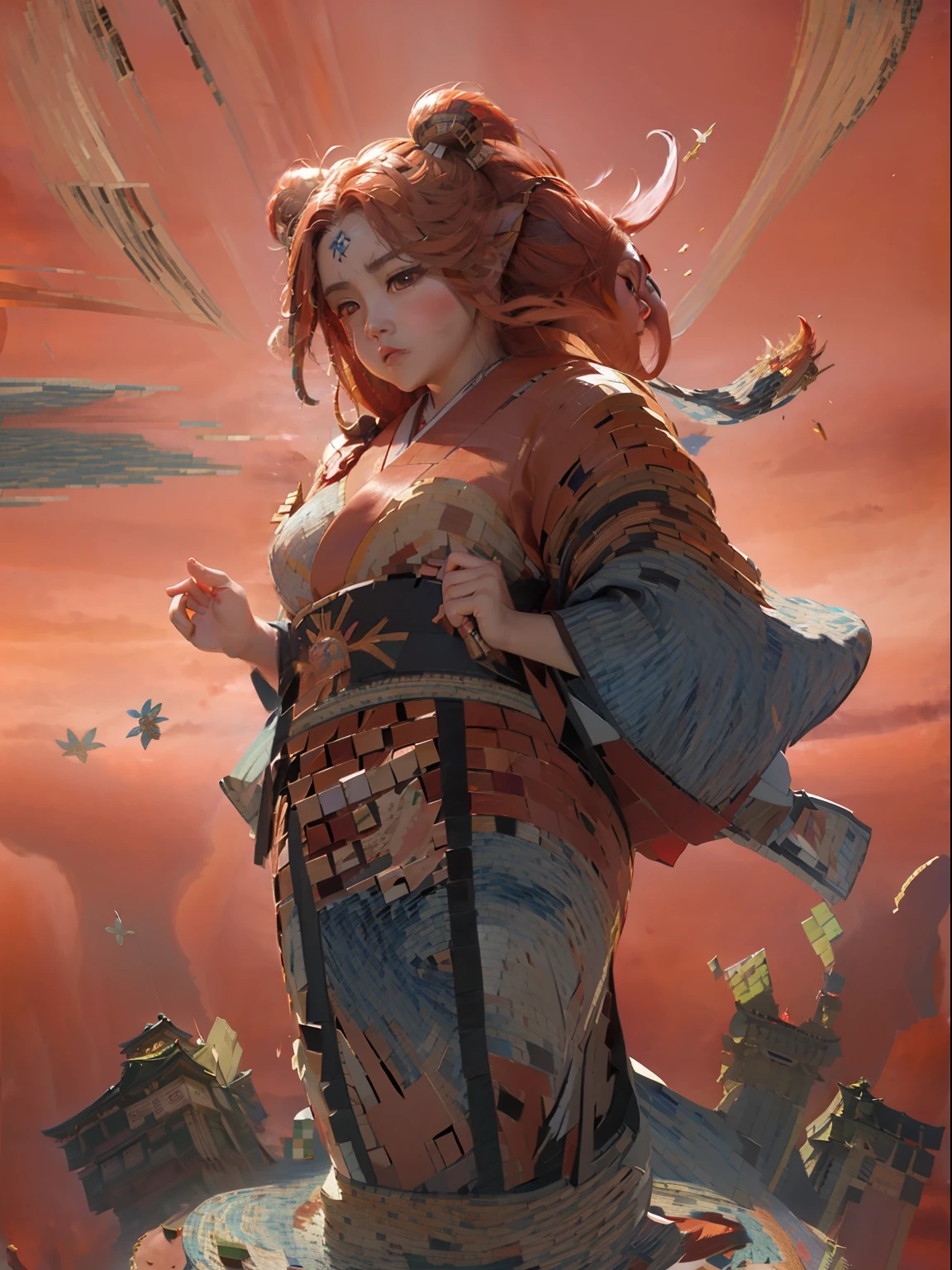 Best quality, 4k, scattered maple leaves, Japanese castle, (floating in the sky:2), (castle in the air), (thick red sky:2), ukiyoe, maple trees, book, art craft, rainbow, satuated colored sky:2), (Japanese pheonix:0.5), bird, rabit, dog, monkey, (Japanese style:2), (mosaic:2)