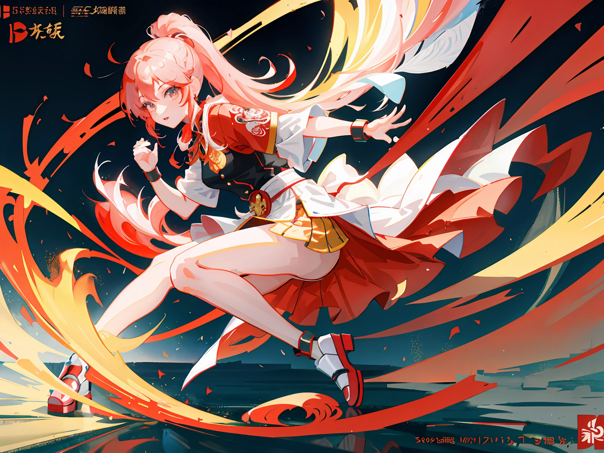 highr，1girll，Flag of China，Red long-haired，red color eyes，Red martial arts costume，martial art pose，HighestQuali，Chinese girl design，Genshin detailed art，Anime character design，anime concept art，pretty anime character design，anime character reference sheet，[character  design]，
