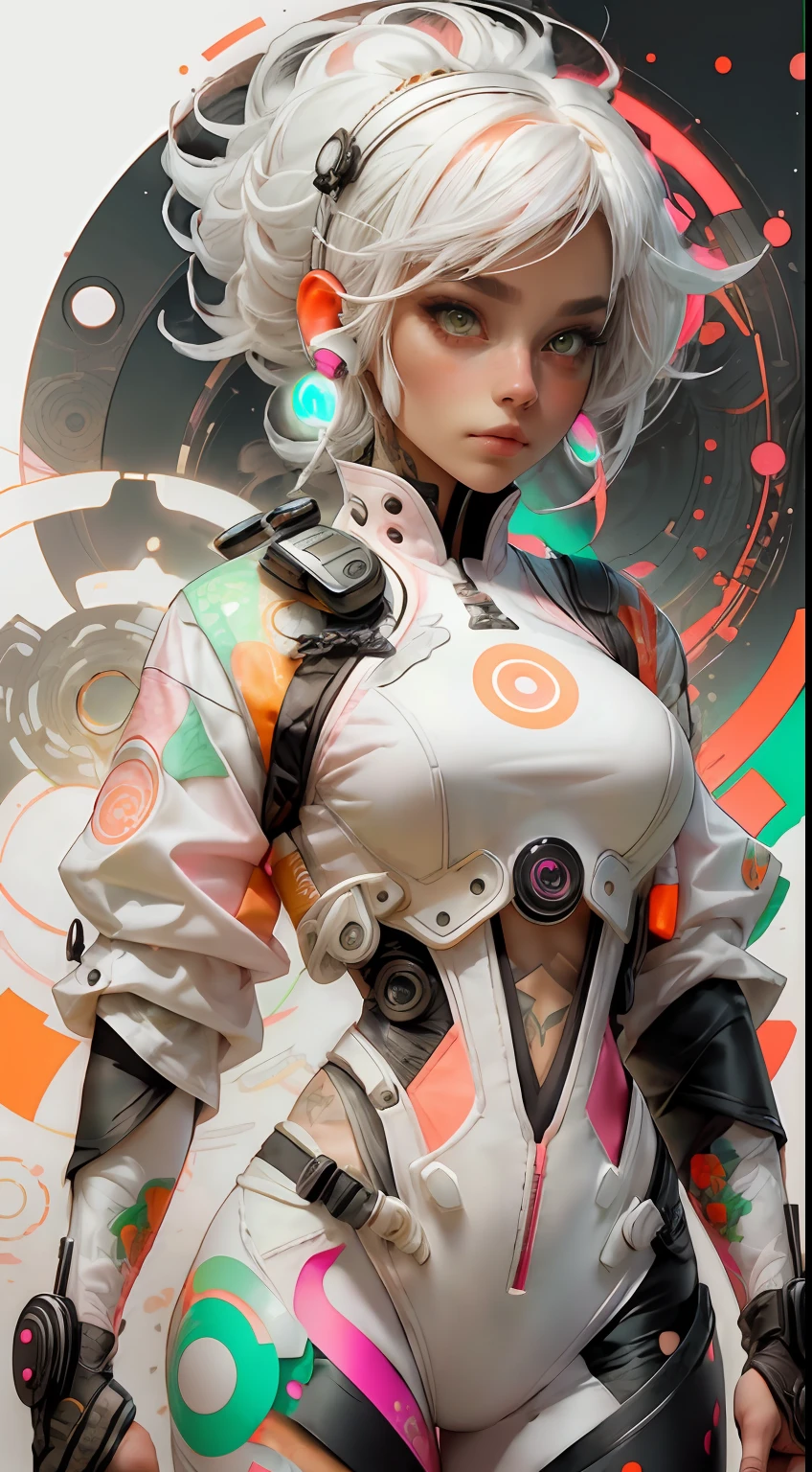 orange, pink, white, green, (white hair woman),tattoos, (techwear clothes:1.1),abstract lines and circles background