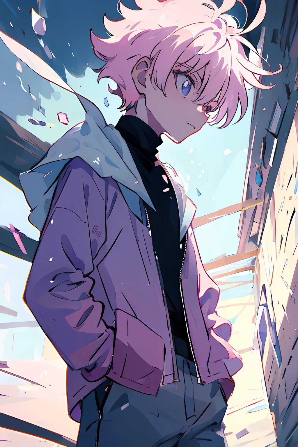 1boy, killua_zoldyck, solo, focus, teen, walking, looking down, worried, pink jacket, white shirt, shorts, upper body, from side, small town, soft light, looking at viewer, winter