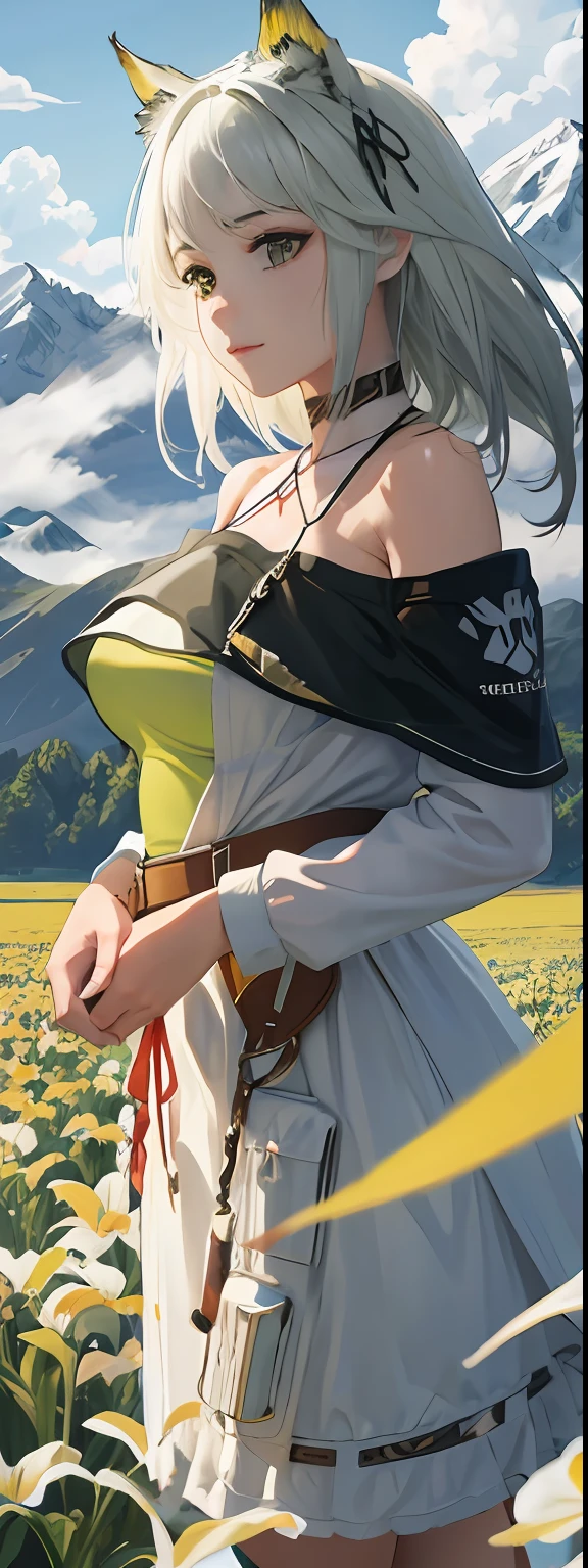 1girll，dynamic angle，Clouds and mountains，（flower  field：1.4）In the foreground，Large breasts，Light tracing，（Floating colorful wind：1）
（realisticlying：1.4），offcial art，Unity 8k壁纸，ultra - detailed，Beautiful and beautiful，tmasterpiece，best qualityer，Glowing skin，cinmatic lighting，Light smile