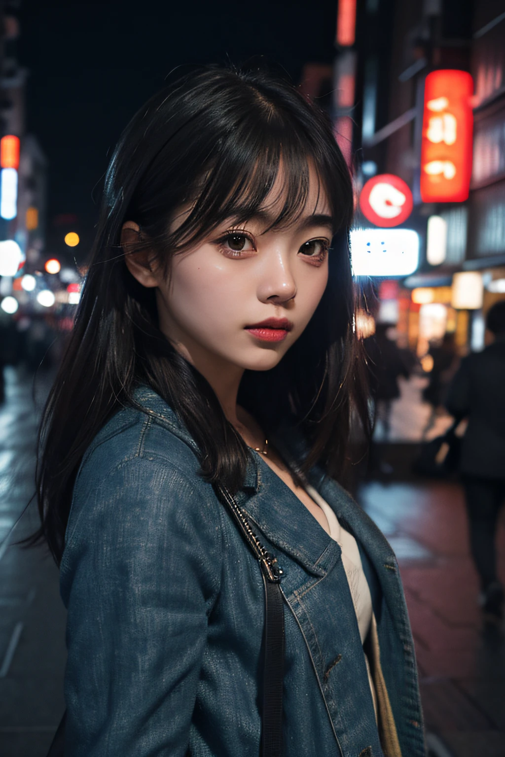 1girl, Tokyo street,night, cityscape,city lights, upper body,close-up, 8k, RAW photo, best quality, masterpiece,realistic, photo-realistic,