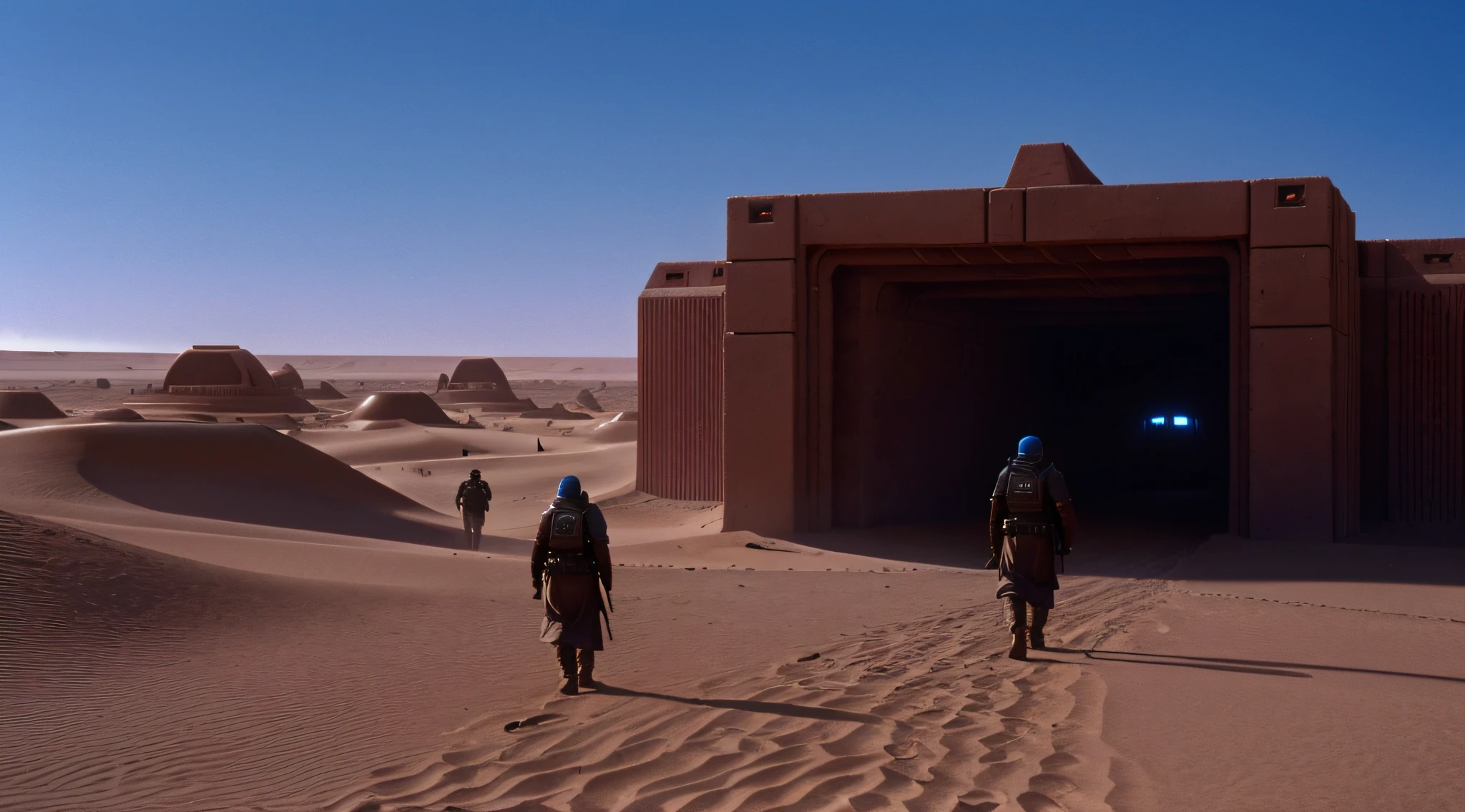 "epic masterpiece scene from the 80s movie 'Dune', fremen walking around symmetrical structures in stunning 8k resolution, photorealistic, high contrast, photorealistic"
