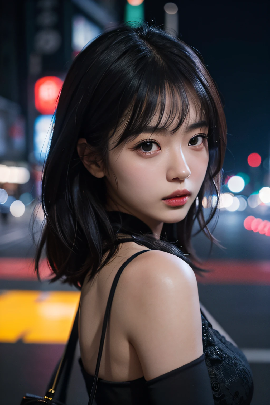 1girl, Tokyo street,night, cityscape,city lights, upper body,close-up, 8k, RAW photo, best quality, masterpiece,realistic, photo-realistic,