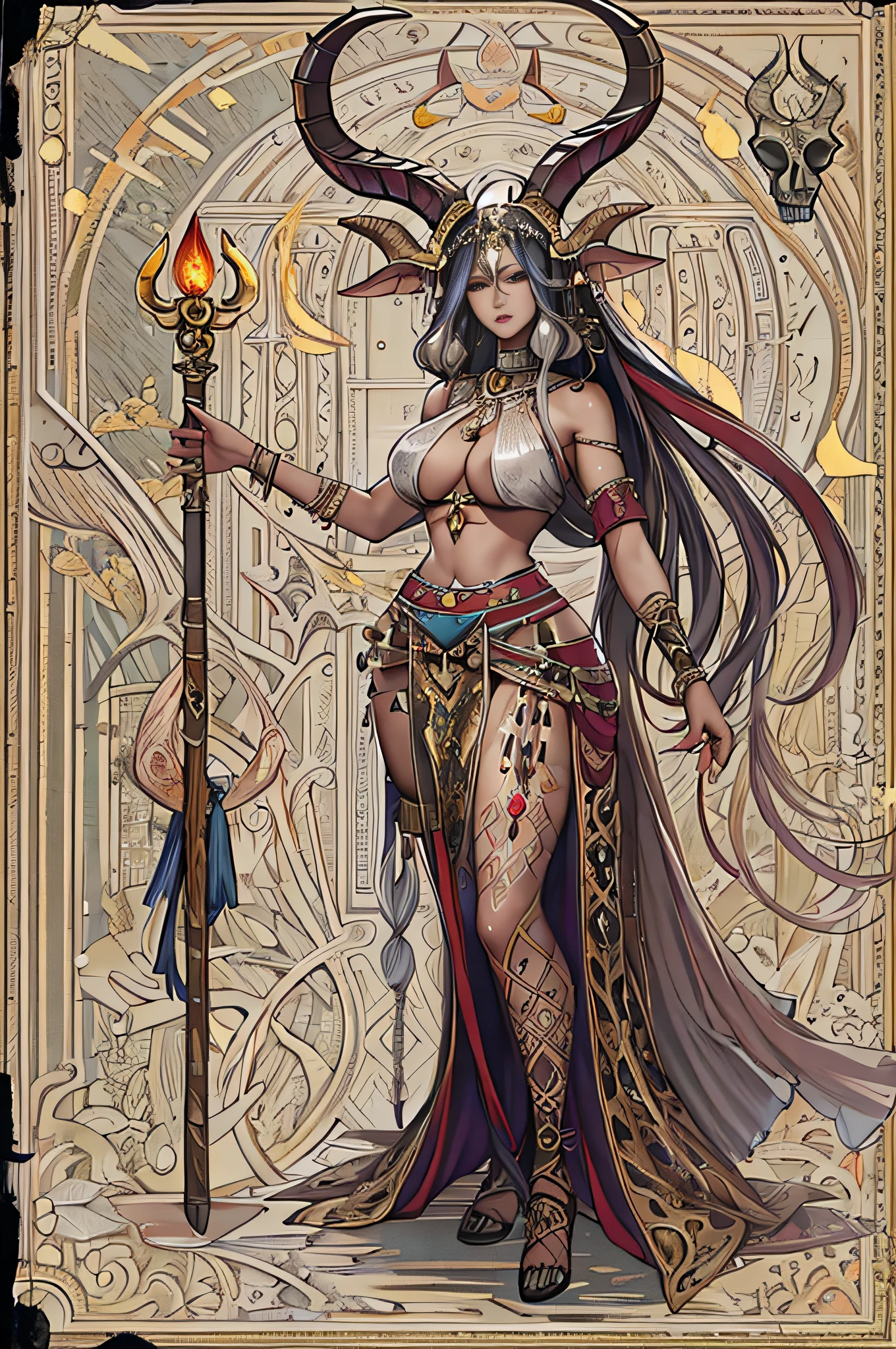 Full body like,fully body pose,A woman with a height of 180cm,Complicated details,(Latex skin:1.1)Big breasts and big breasts(Perfect shiny skin:1.2)Big breasts and big breasts(Moist skin:1.1),(very vey very detailed face),(tmasterpiece,realisticlying:1.3),(extremly intricate:1. 2)>,intricately details,(Sculptural skin texture:1.1)Big breasts and big breasts(shiny skins:1.2)Big breasts and big breasts(Slightly damp skin:1.1),A woman with a staff, horned ram goddess, gothic maiden shaman, shaman witch, she is dressed in shaman clothes, holding a goat head staff, a young female shaman, attractive tiefling druid, pagan goddess, a female druid, druid goddess, female revenant, alluring tiefling druid, The skull of her hips,The whole scene exudes a mysterious and eerie atmosphere。