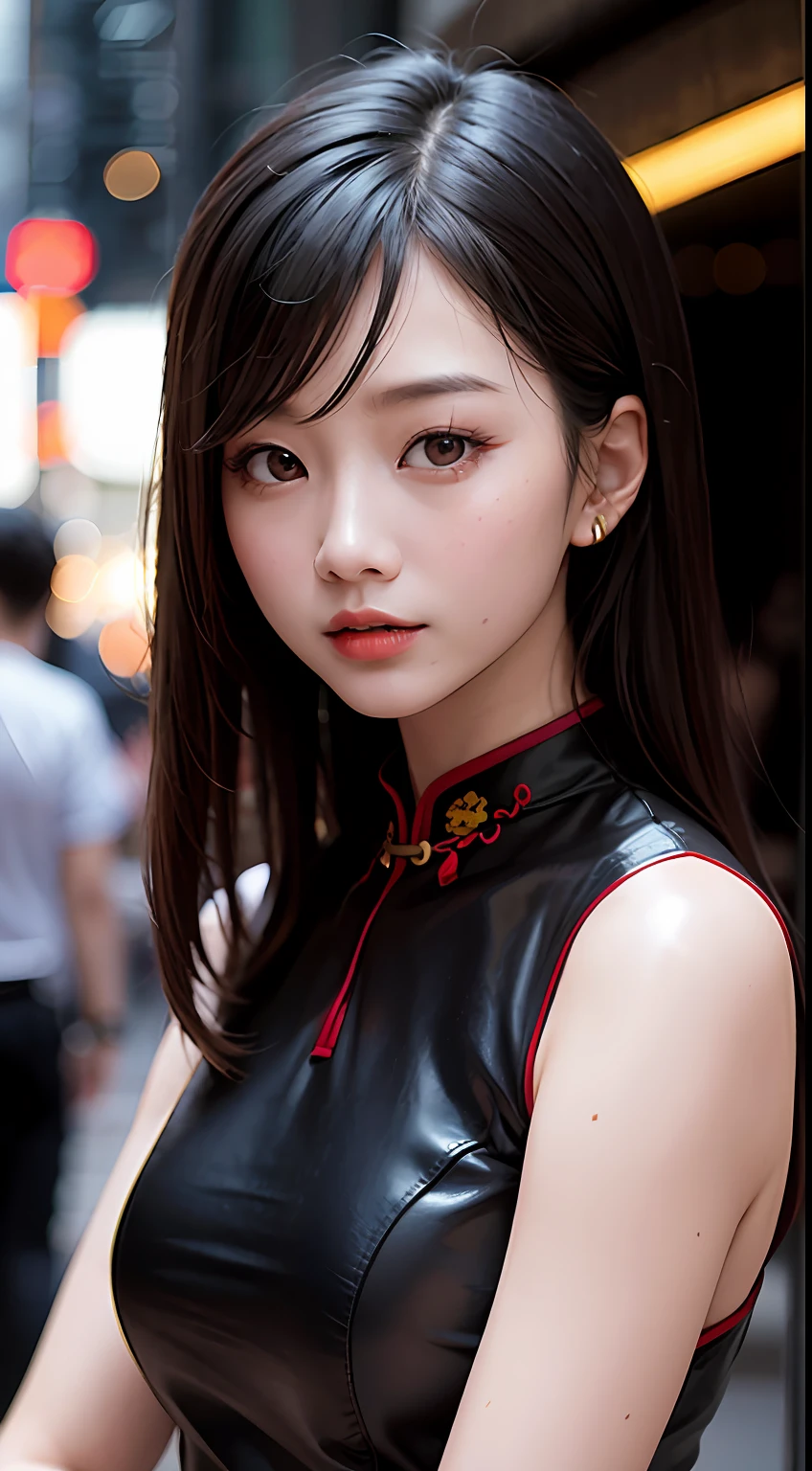 Asian woman, Real Human,A fashion model, Wear a colorful cheongsam, Glamour, paparazzi taking pictures of her, Black hair, 黑The eye, 8K, High quality, Masterpiece, Best quality, HD, Extremely detailed, voluminetric lighting, Photorealistic