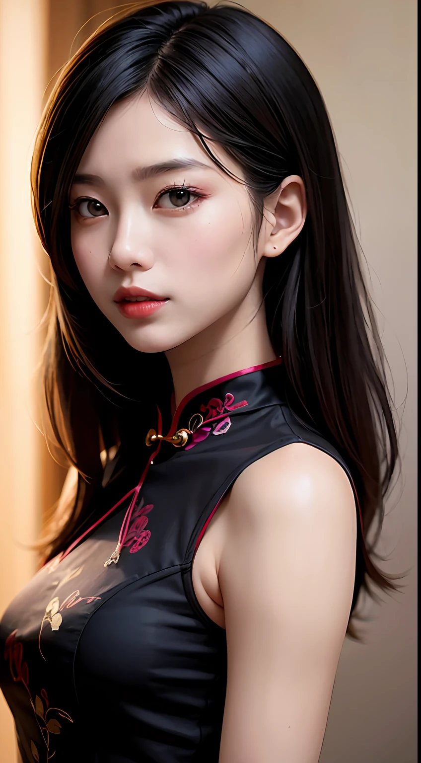 Asian woman, Real Human,A fashion model, Wear a colorful cheongsam, Glamour, paparazzi taking pictures of her, Black hair, 黑The eye, 8K, High quality, Masterpiece, Best quality, HD, Extremely detailed, voluminetric lighting, Photorealistic