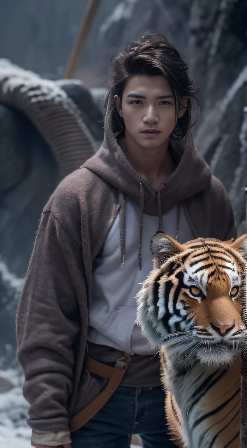 Snowy canyon area,Tigers and tiger-headed men,Linen cloak(tmasterpiece,k hd,hyper HD,16k,Tough guy)brunette color hair,,shadowboxing,hoody,Water gun in hand, best qualtiy, hyper HD, (realisticlying:1.4),, A high resolution, the detail, RAW photogr, Sharp Re, Nikon D850 Film Stock Photo by Jefferies Lee 4 Kodak Portra 400 Camera F1.6 shots, Rich colors, ultra-realistic vivid textures, Dramatic lighting, Unreal Engine Art Station Trend, cinestir 800,