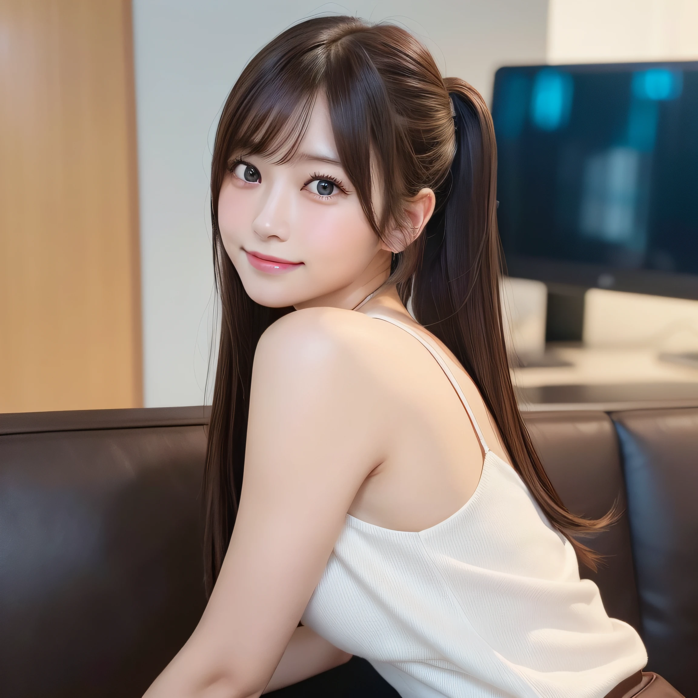 8k RAW photo,Best Quality, top-quality:1.1, ​masterpiece:1.3,超A high resolution, (Photorealistic:1.4), Raw photo, (upper thigh:1.5, From Side), natural skin textures:1.1, realistic eyes and face details:155, Full lips,(Background is blurry:1.4), (in a suite), 1日本人の女の子, Cute, (Solo:1.6), (Shy smile), (Dark brown eyes), Smooth skin, (Brown medium hair,Bangs), (touch hair:1.4),nogizaka,s Office,Business suits、full bodyesbian、poneyTail、Sit on the sofa