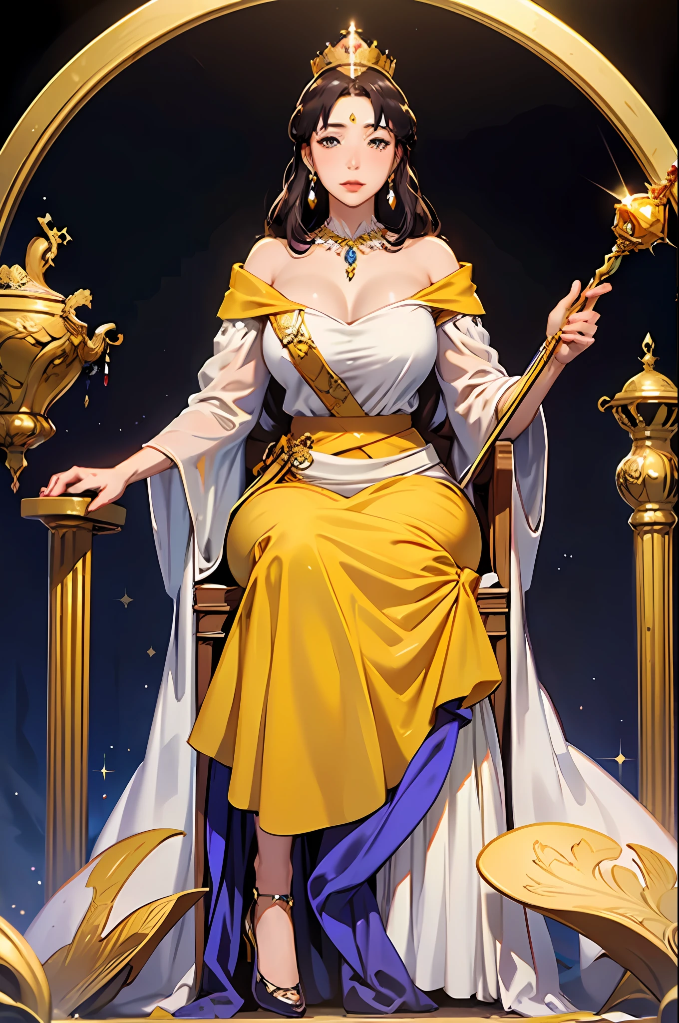 Masterpiece, 1girl, A powerful queen sits on her throne, wearing a gown of rich velvet and gold. Her crown sparkles with jewels, and she holds a scepter in one hand as she gazes out over her kingdom