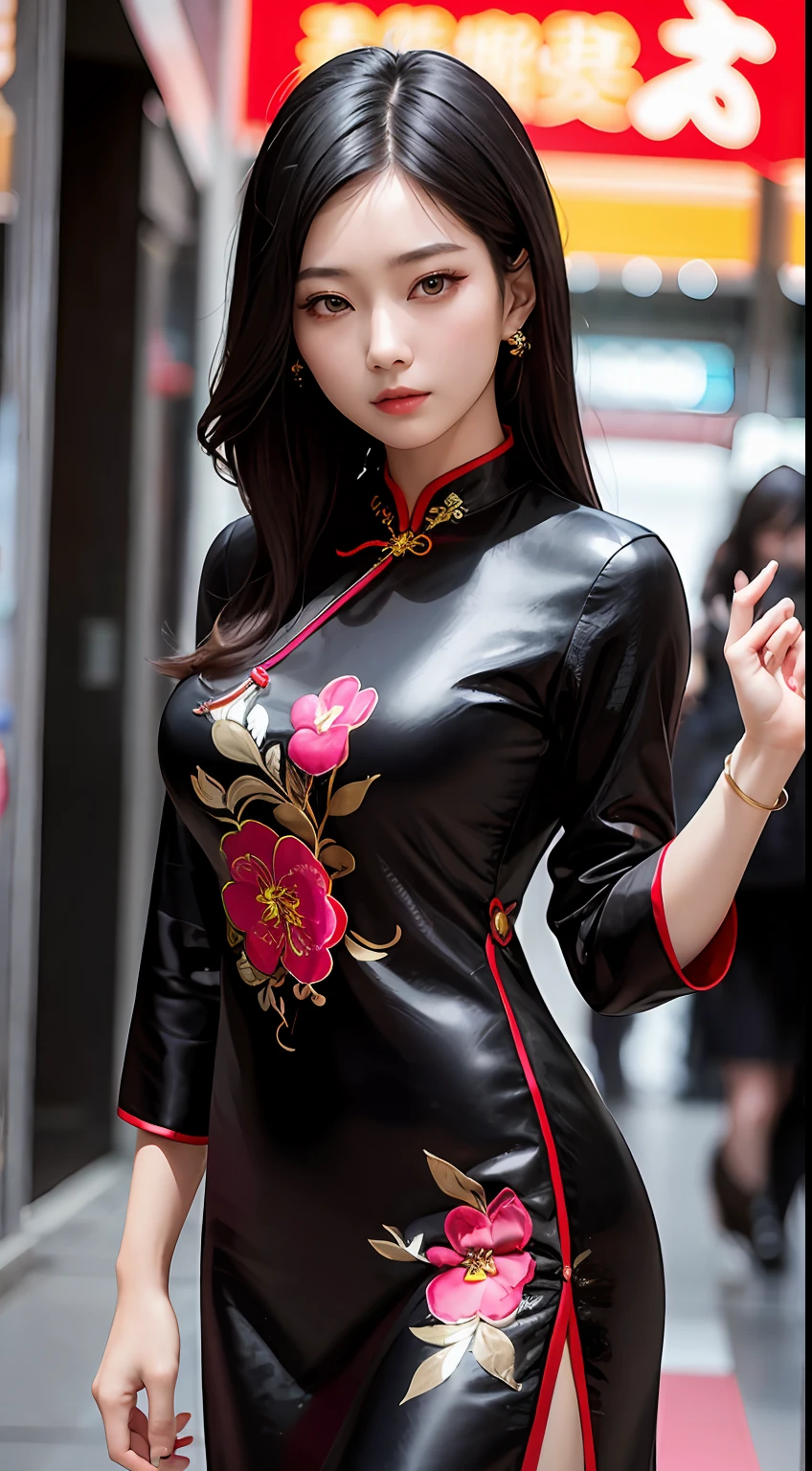 Asian woman, Real Human,A fashion model, Wear a colorful cheongsam, Glamour, paparazzi taking pictures of her, Black hair, 黑The eye, 8K, High quality, Masterpiece, Best quality, HD, Extremely detailed, voluminetric lighting, Photorealistic