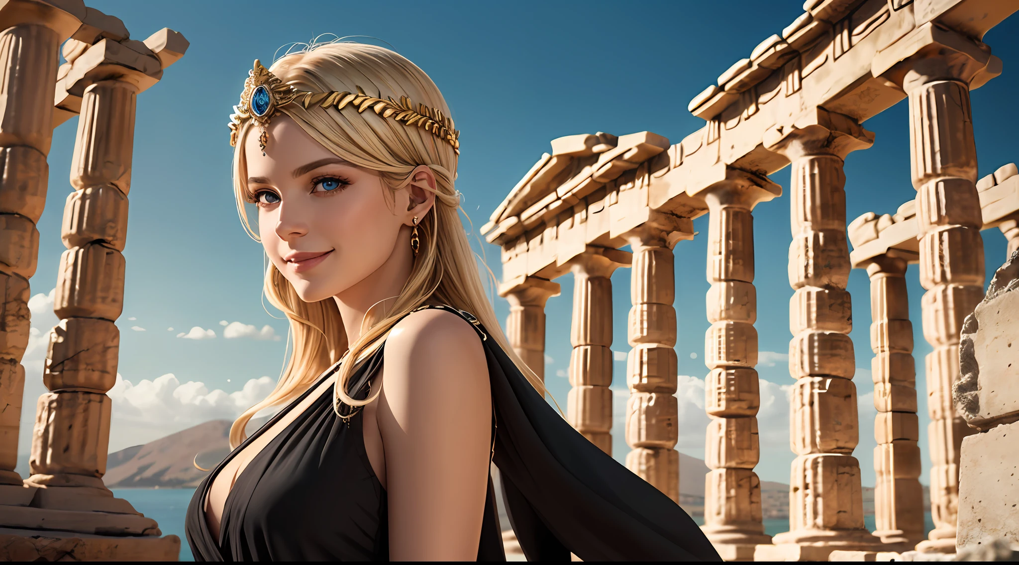 mother goddess of mercy and fertility, with blonde hair and blue eys, is fair-skinned, (looks very mild and gentle), is smiling happily, wears {(long:1.3), loose, (black:1.3), greek toga}, puts on golden circlet, ancient Delos island, palm trees, golden flowers, Greek mythology, super high quality, super hand description, HDR, photorealistic, super detail, masterpiece, 8K