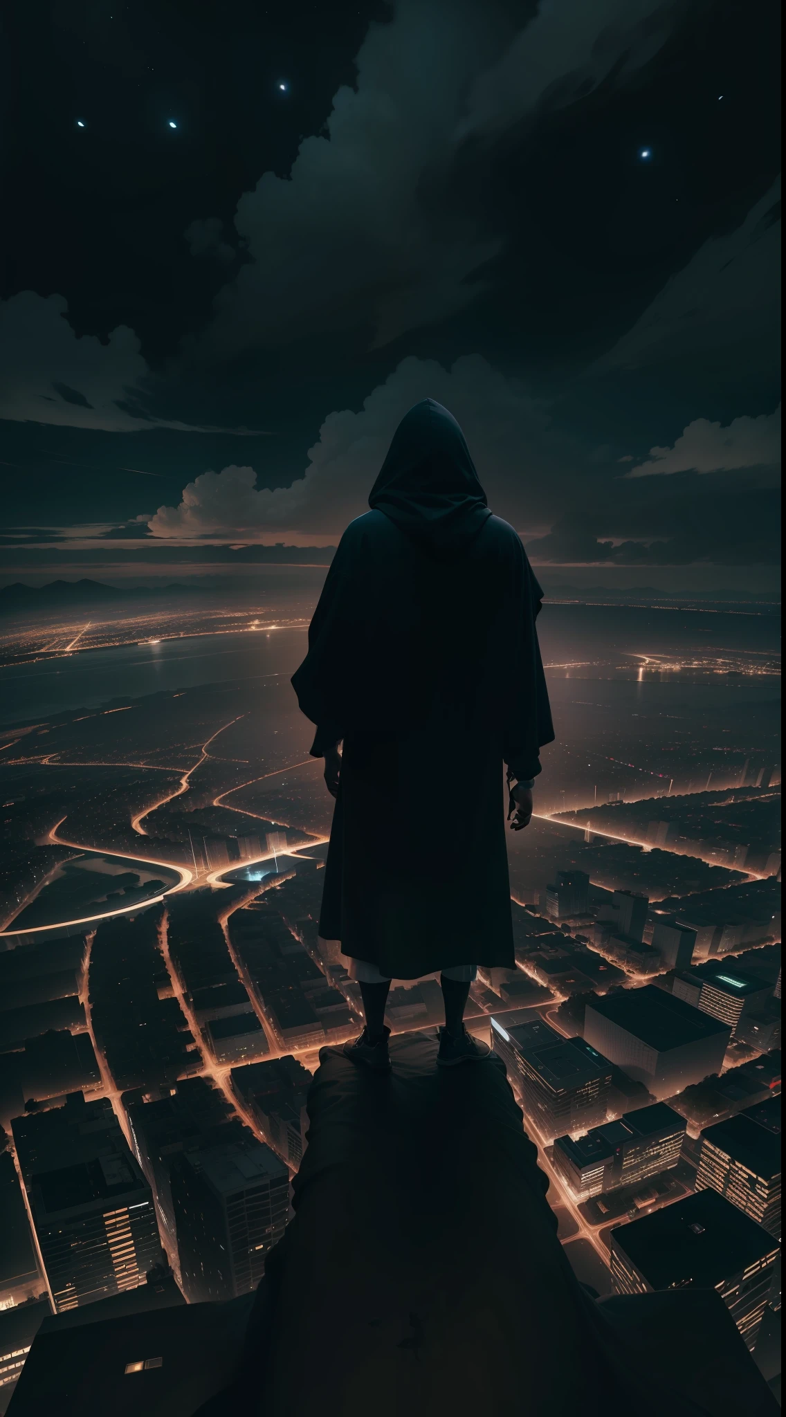 silhueta preto, a man on his back in a hooded robe flying over the city at night, noite