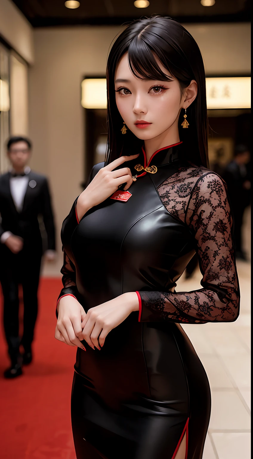 Asian woman, A fashion model, wearing cheongsam, Glamour, paparazzi taking pictures of her, Black hair, 黑The eye, 8K, High quality, Masterpiece, Best quality, HD, Extremely detailed, voluminetric lighting, Photorealistic