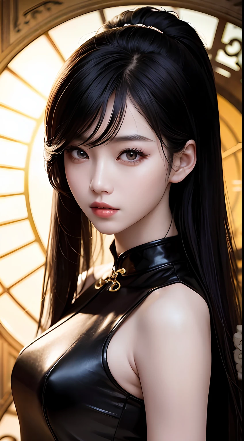 Asian woman, A fashion model, wearing cheongsam, Glamour, paparazzi taking pictures of her, Black hair, 黑The eye, 8K, High quality, Masterpiece, Best quality, HD, Extremely detailed, voluminetric lighting, Photorealistic