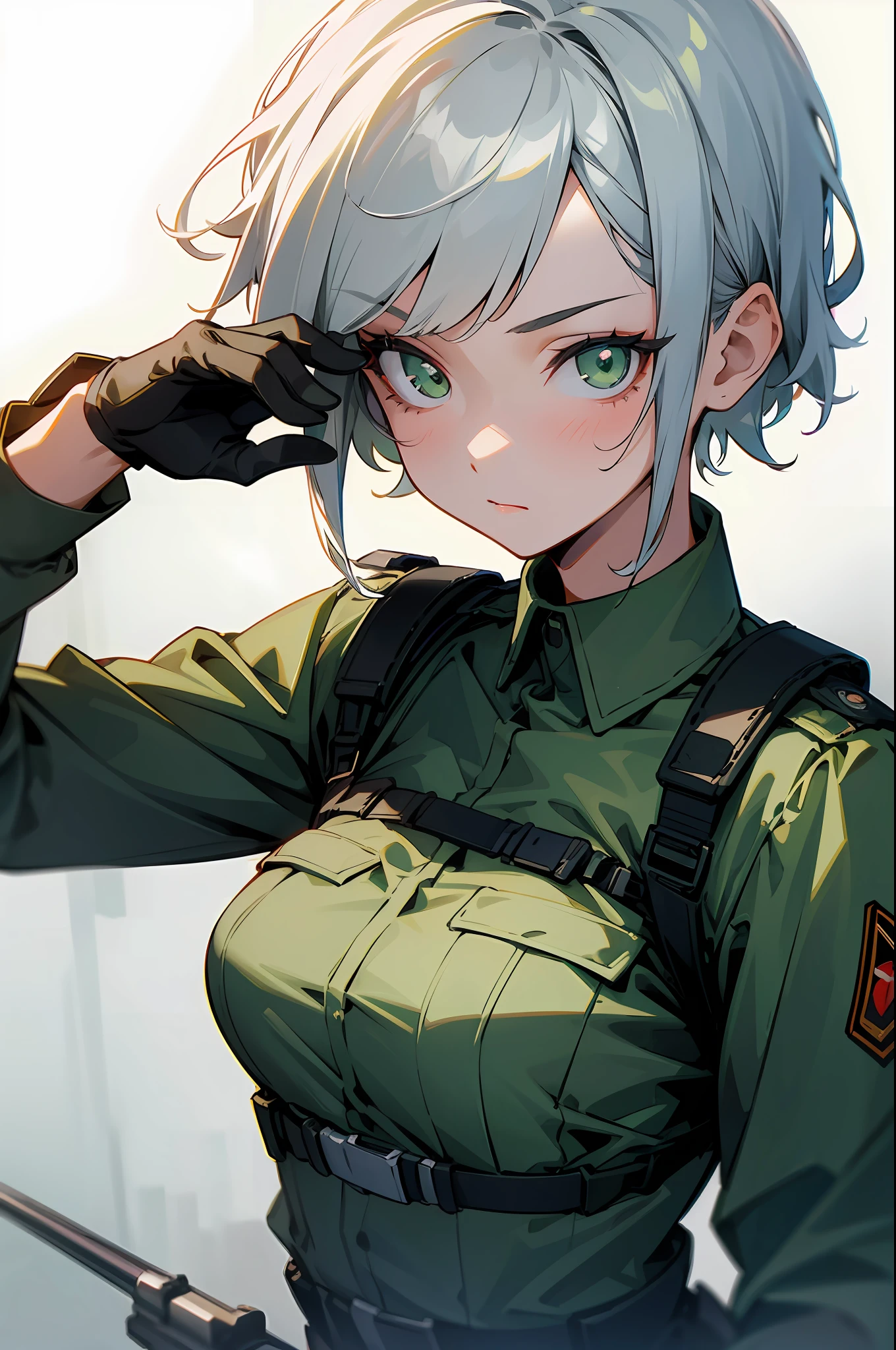 1girl, short silver hair, green eyes, wearing military equipment, battlefield, holding a gun, high res, ultrasharp, 8k, masterpiece, looking at viewer