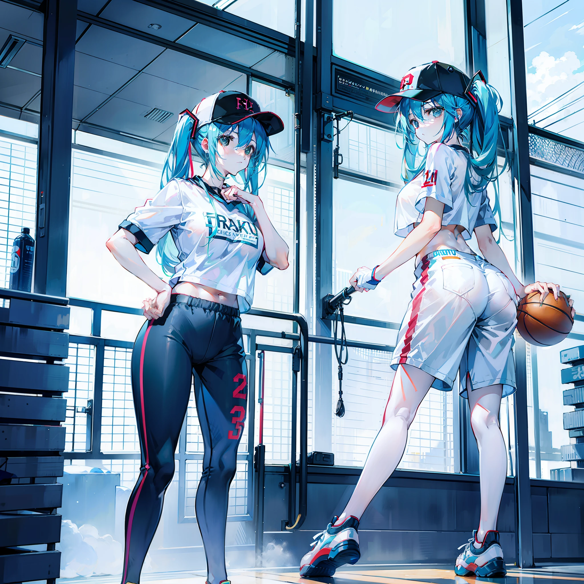 full bodyesbian,Big breasts Hatsune Miku,standing on your feet,The shirt,baseball cap, basketball ball, staredown,athletic sneakers,Tall,shorter pants