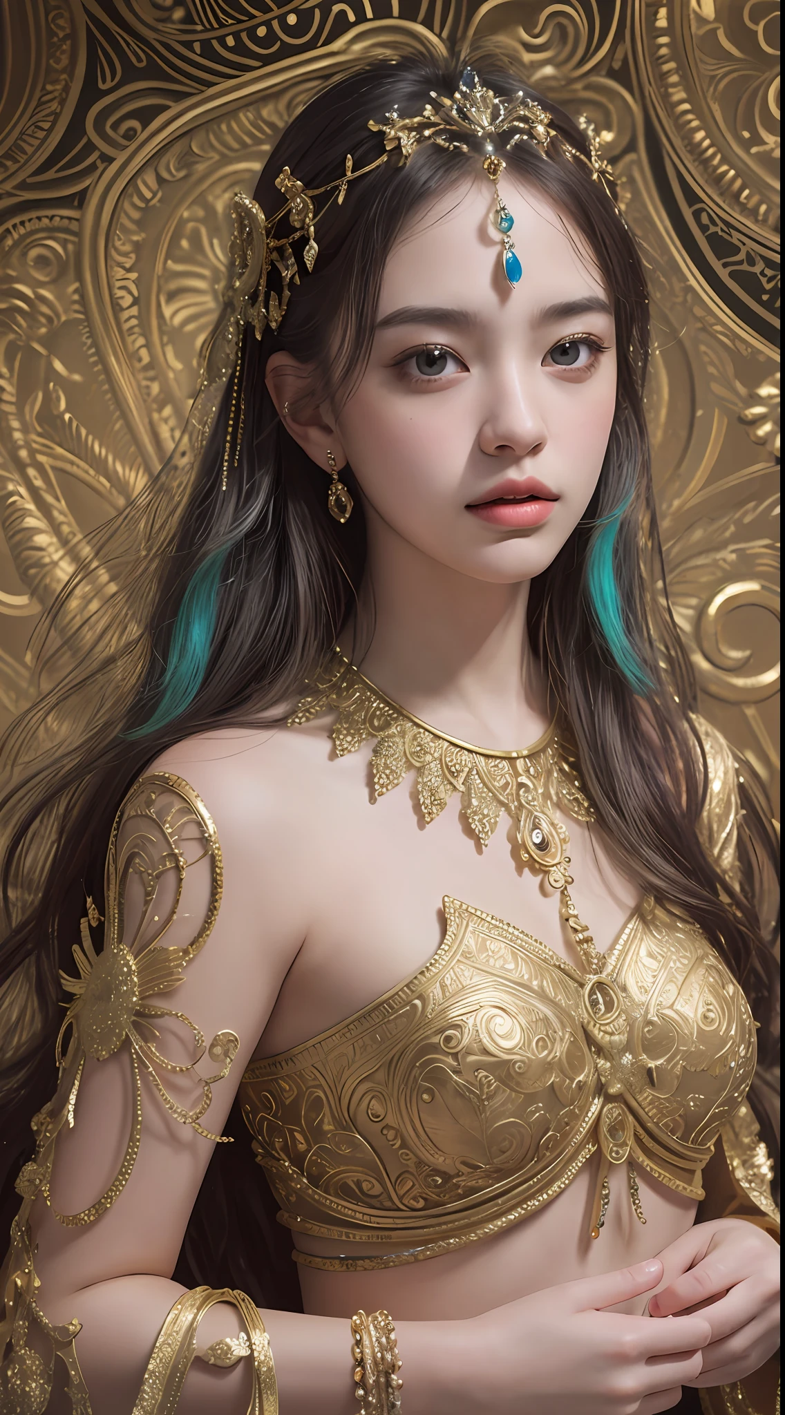 (masterpiece, top quality, best quality, official art, beautiful and aesthetic:1.2), (1girl), extreme detailed,colorful,highest detailed, official art, unity 8k wallpaper, ultra detailed, beautiful and aesthetic, beautiful, masterpiece, best quality, (zentangle, mandala, tangle, entangle) ,holy light,gold foil,gold leaf art,glitter drawing, PerfectNwsjMajic