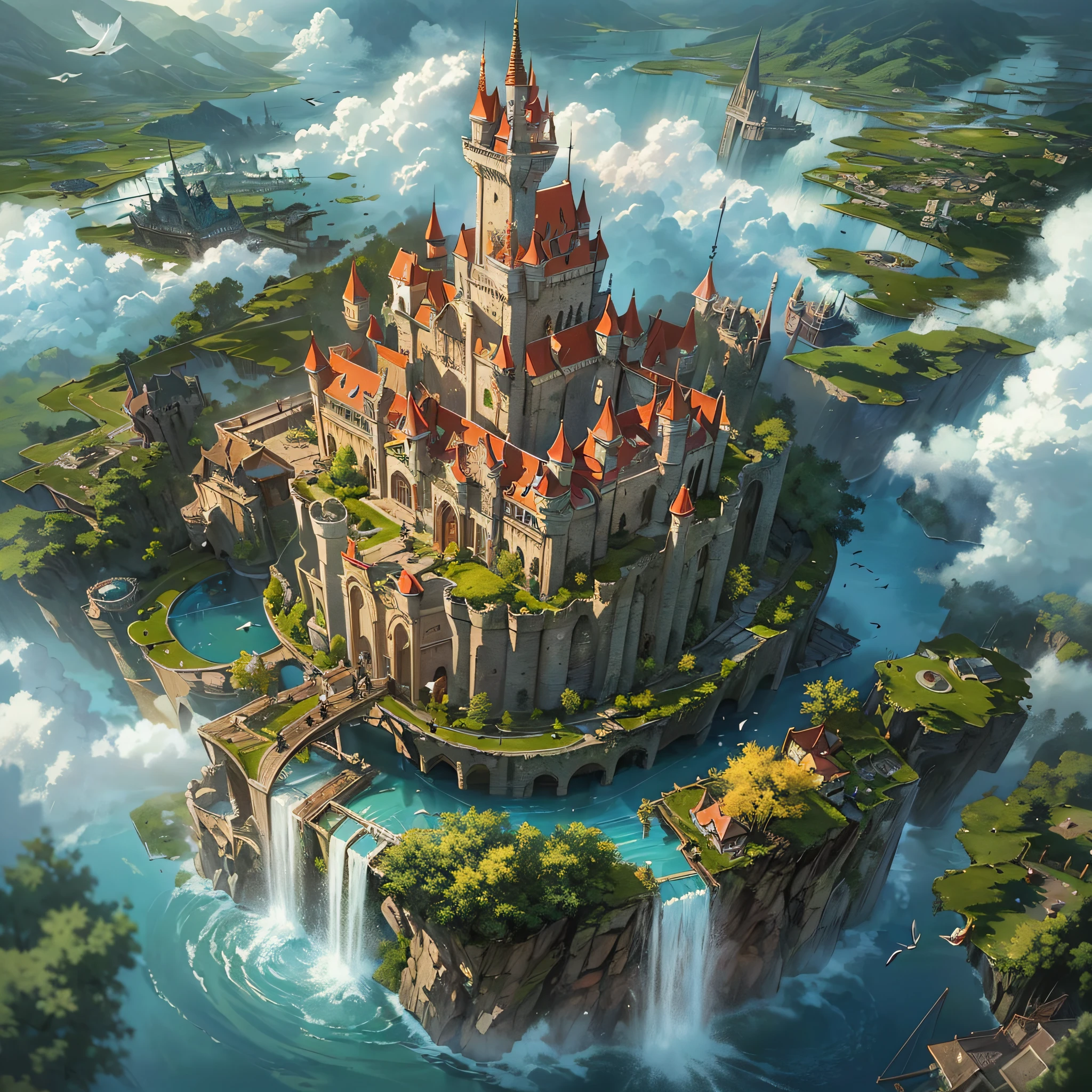 (an artist's design of a floating Castle on the floating the land and Forest and Fountain in the air, above the A few clouds and thunderstorms)1.4, bird's-eye view, scenery, no humans, a fantastic magical world, (Best quality), (masterpiece:1.3), (photorealistic:1.36), (realistic), ultra-detailed,, detail background,