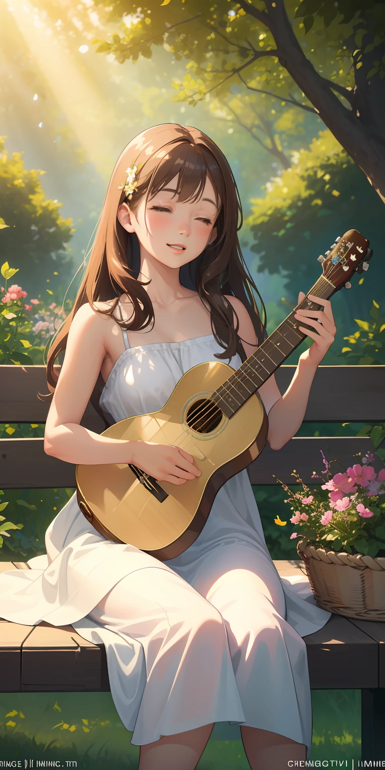 (Masterpiece, Best Quality, Photo-realistic, High Resolution:1.3), young girl, (graceful guitarist:1.2), (long chestnut brown hair:1.1), (soft hazel eyes:1.2) radiating warmth, serene outdoor setting, (sunlit garden:1.2), blooming flowers, vibrant butterflies, gentle breeze, (white summer dress:1.1), barefoot on green grass, (acoustic-electric guitar:1.2), fingers delicately plucking strings, (melodious chords:1.1), enchanting melody filling the air, soft rays of sunlight, warm colors, tranquil atmosphere, (content smile:1.2), eyes closed in harmony, (singing birds:1.2) perched nearby, intimate connection with nature, (wooden bench:1.1), invitingly aged, (picnic basket:1.1) with fruits and wine, golden hour glow, (emotional resonance:1.2), birds-eye perspective, immersion in the moment, (heartwarming scene:1.3), soft sunlight casting long shadows, lush trees in the background, peaceful bliss.