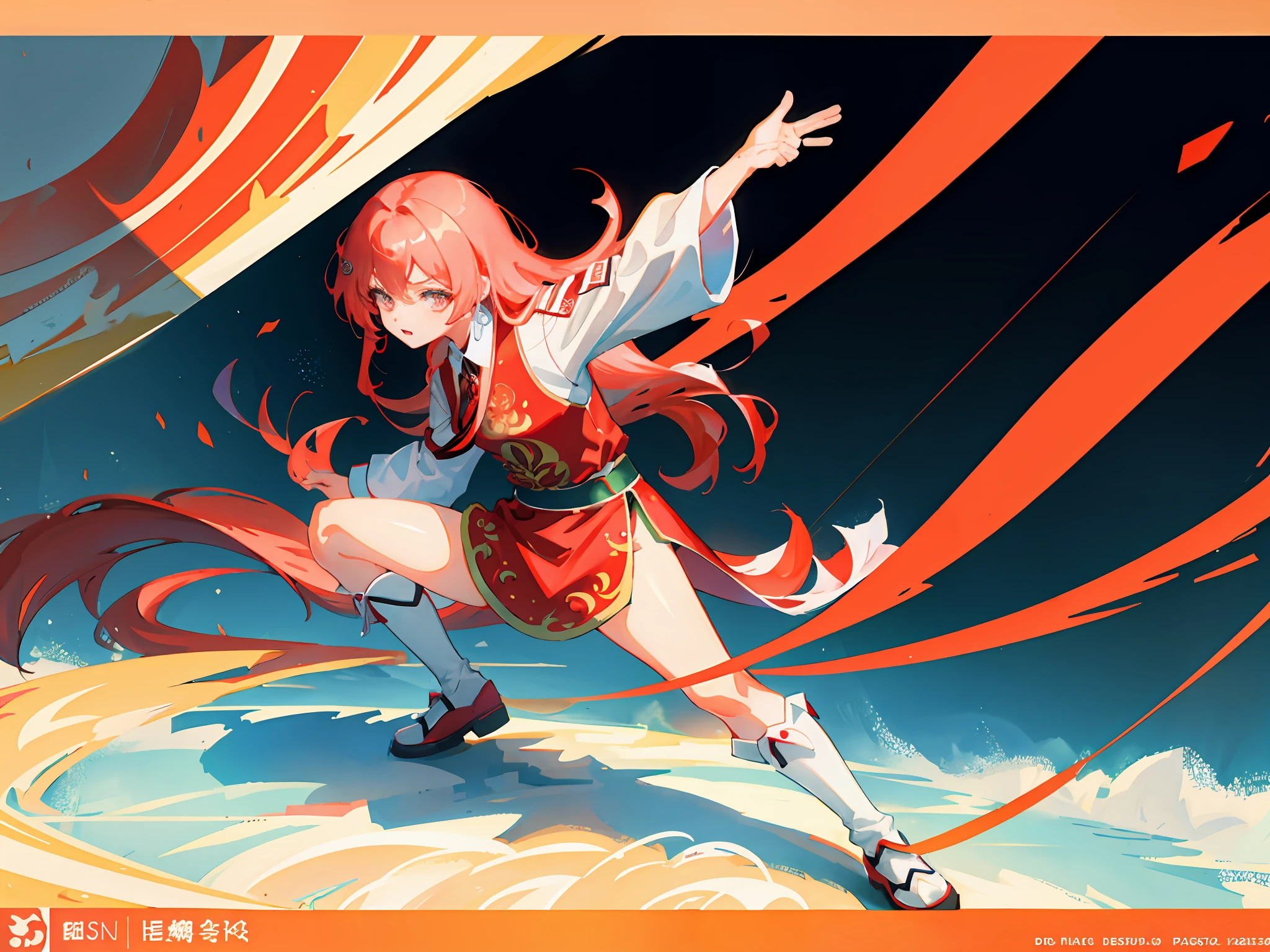 highr，1girll，Flag of China，Red long-haired，red color eyes，Red martial arts costume，martial art pose，HighestQuali,4k，Chinese girl design，Genshin detailed art，Anime character design，anime concept art，pretty anime character design，anime character reference sheet，[character  design]，