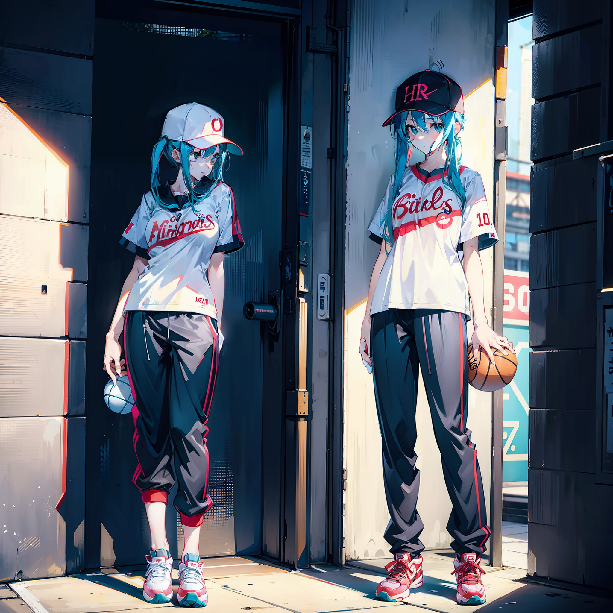 full bodyesbian,Big breasts Hatsune Miku,standing on your feet,The shirt,baseball cap, basketball ball, staredown,athletic sneakers,Tall,shorter pants